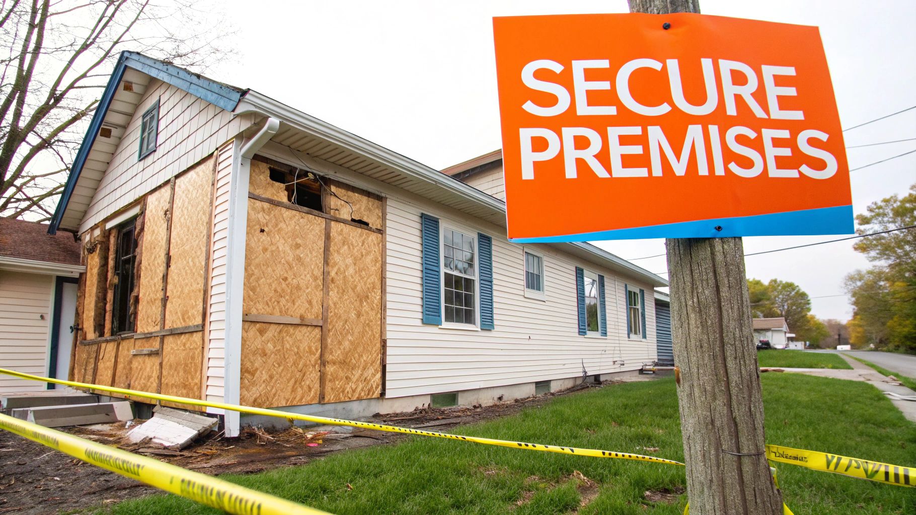 House with fire damage, boarded windows, and a bright orange "SECURE PREMISES" sign, surrounded by caution tape, illustrating the need for professional fire damage restoration services.