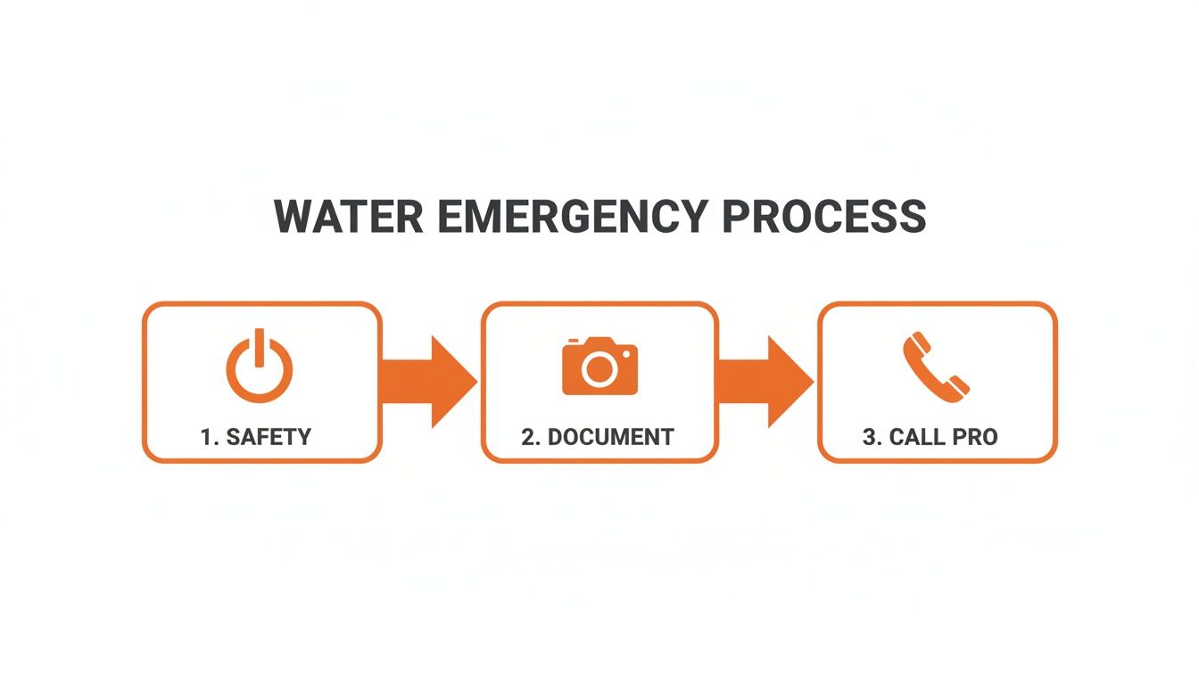 Water emergency process flowchart illustrating three steps: Safety, Document, and Call Pro, emphasizing critical actions for effective water damage restoration.