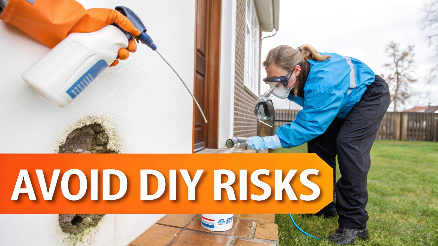 Professional mold remediation expert applying treatment near mold-affected area, emphasizing the importance of avoiding DIY risks in mold removal.
