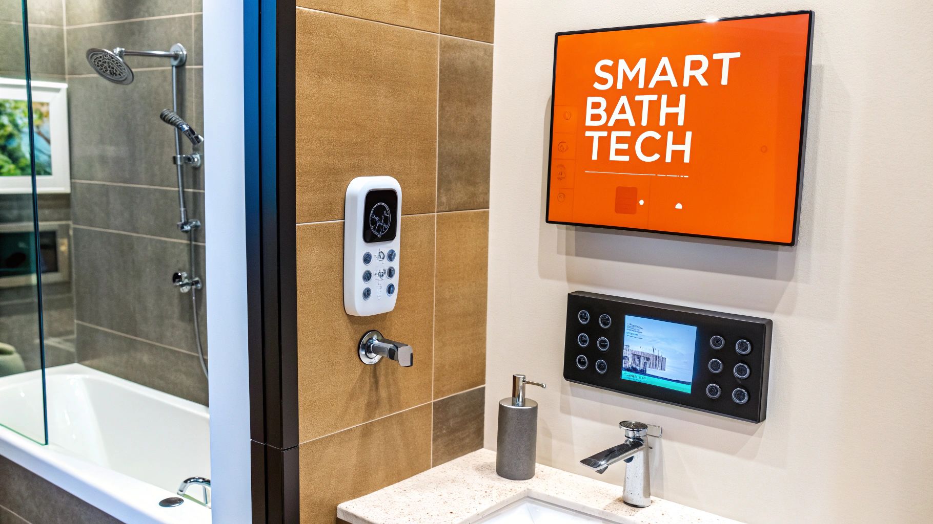 Smart bathroom technology display featuring a touchscreen control panel and a digital shower control system, emphasizing modern luxury and convenience for upscale bathroom remodels.