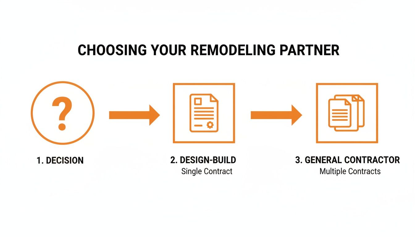 Flowchart illustrating the remodeling partner selection process, highlighting decision-making steps: 1. Decision, 2. Design-Build (Single Contract), 3. General Contractor (Multiple Contracts).