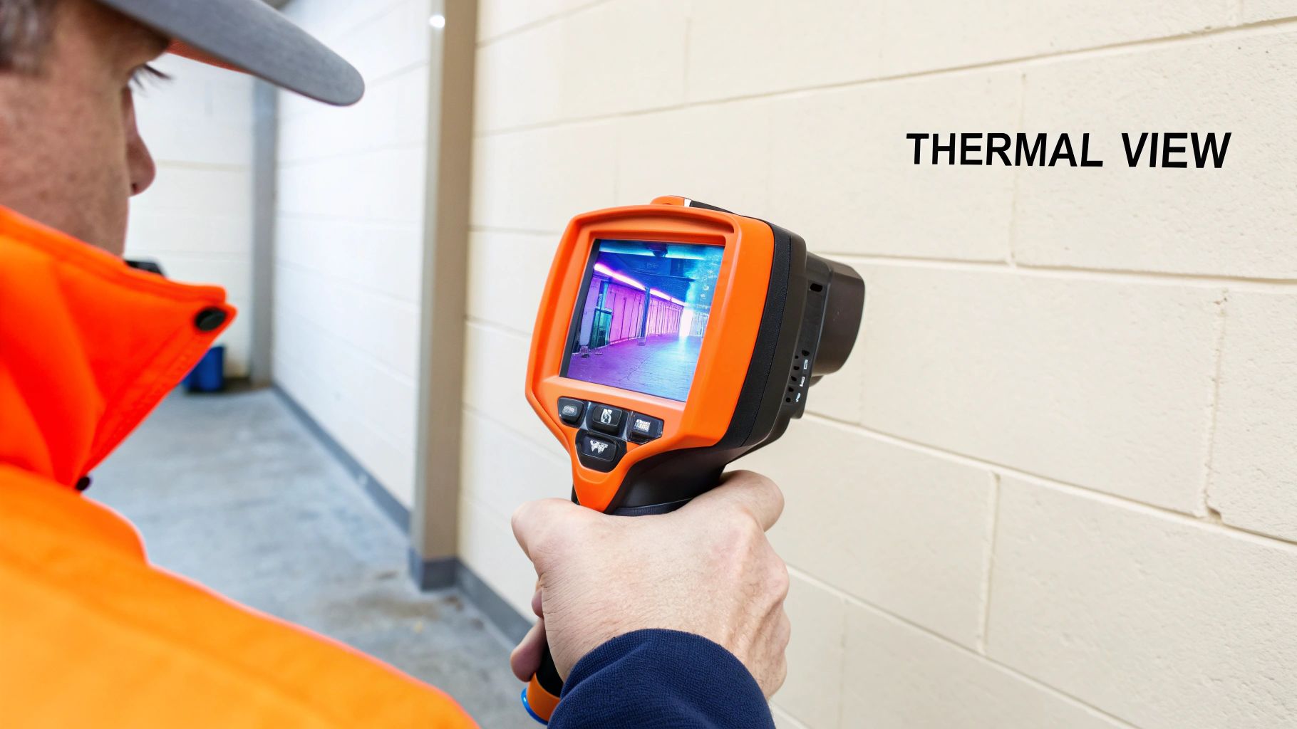 An inspector uses a thermal imaging camera to check a wall, displaying a colorful thermal view.