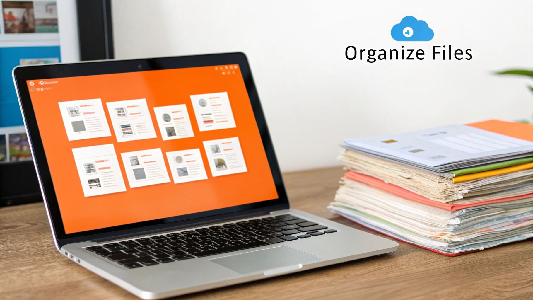 A laptop displaying organized file thumbnails on a wooden desk next to a stack of physical papers and folders.
