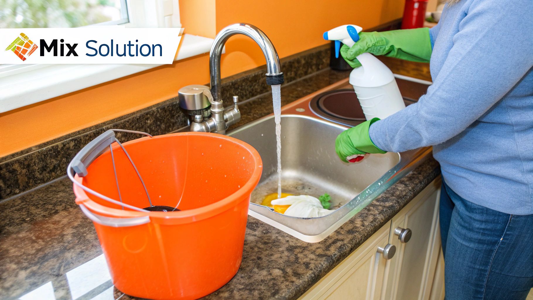 Person in green gloves cleaning a kitchen sink with spray cleaner and an orange bucket, emphasizing effective cleaning techniques for soot and contaminants.