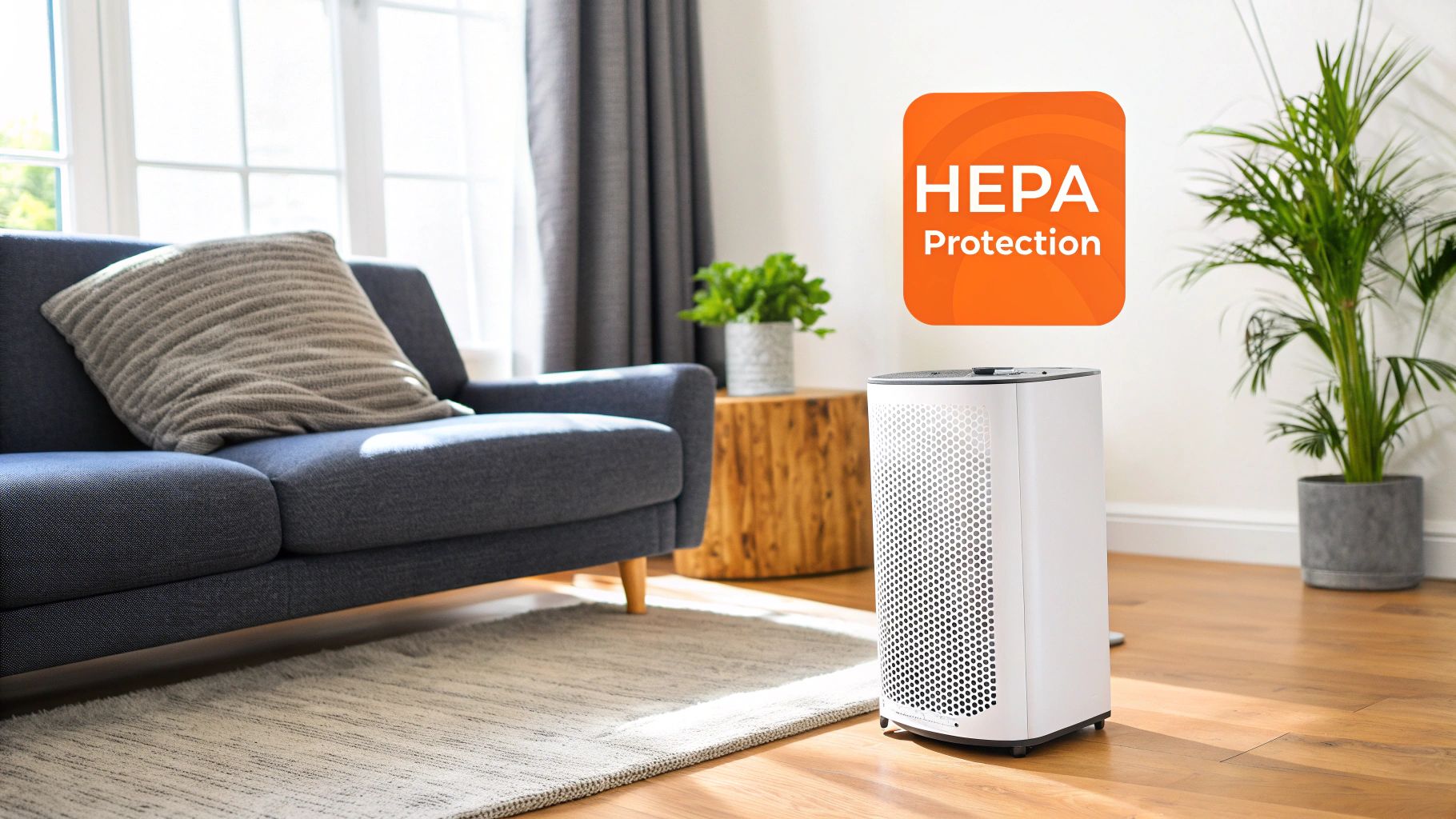 A white air purifier with HEPA Protection in a well-lit living room with a sofa and plants.