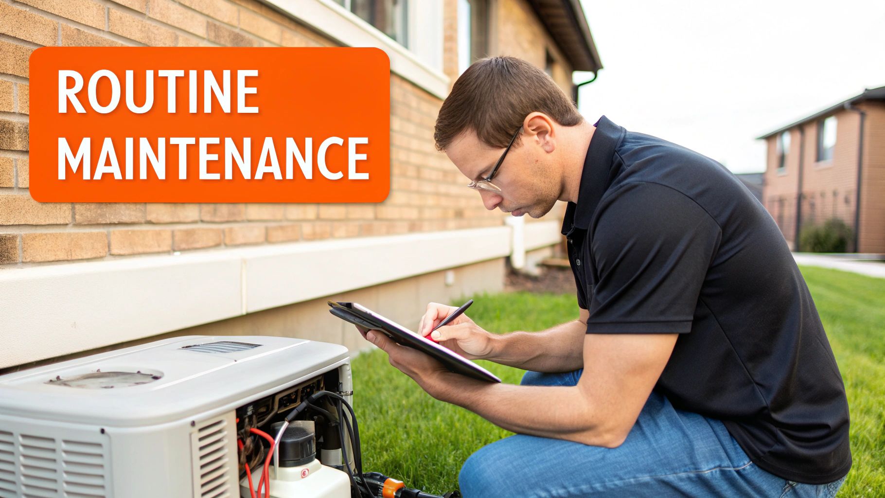 A technician performing maintenance on a residential whole house generator.