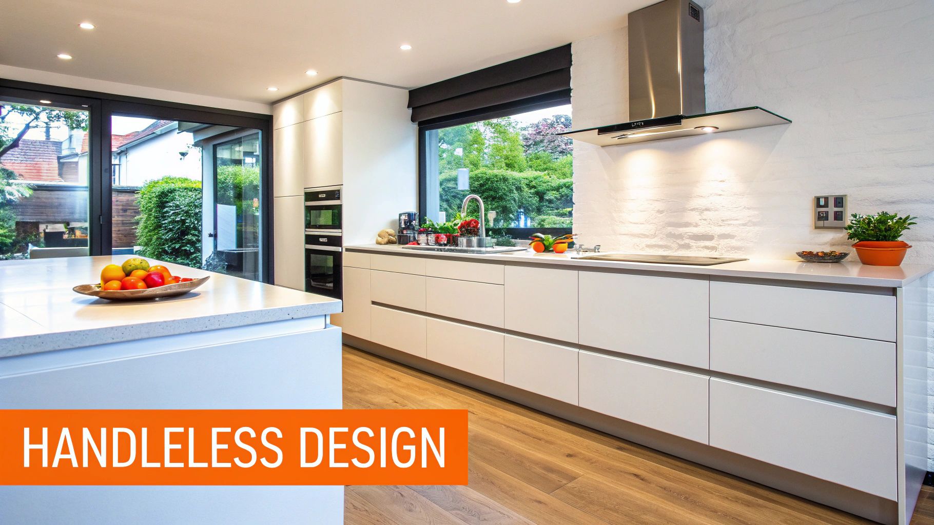 Modern kitchen featuring custom handleless cabinetry, minimalist design, and a spacious layout with natural light and greenery visible through large windows.
