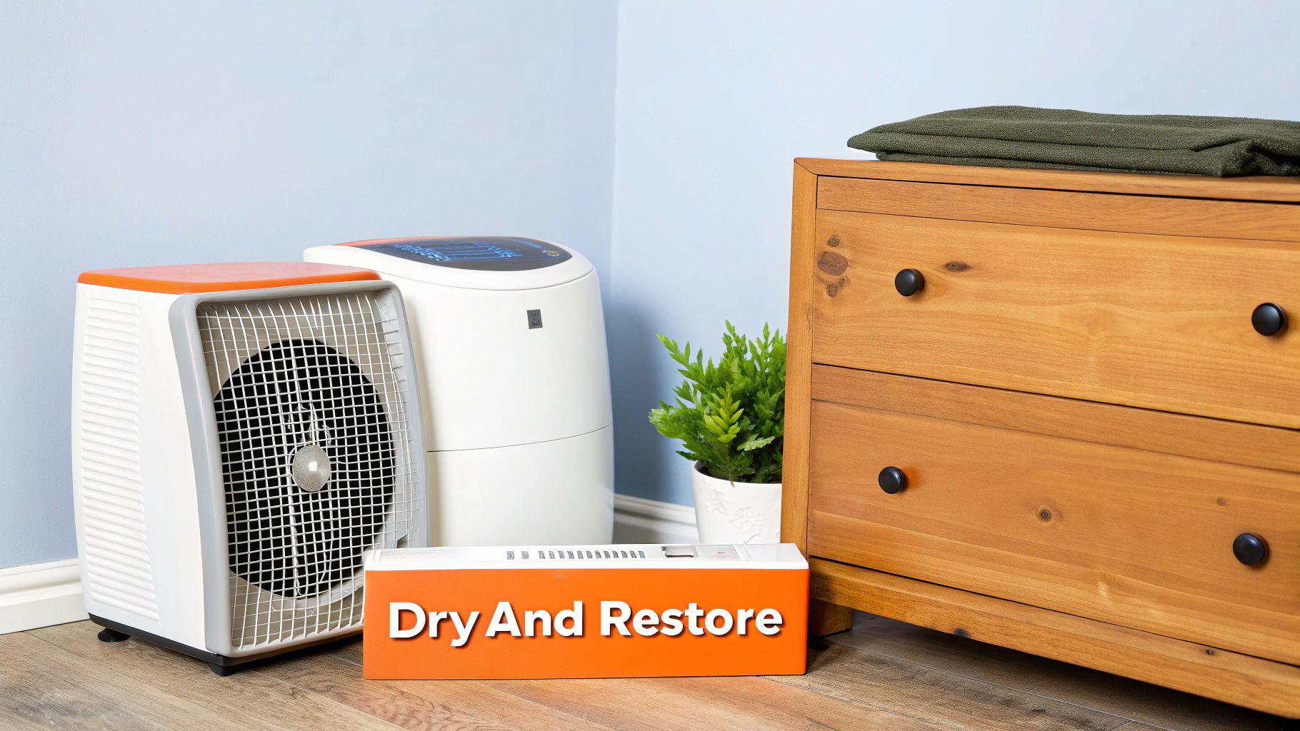 Corner of a room with drying equipment, a wooden dresser, a plant, and a 'Dry And Restore' sign.