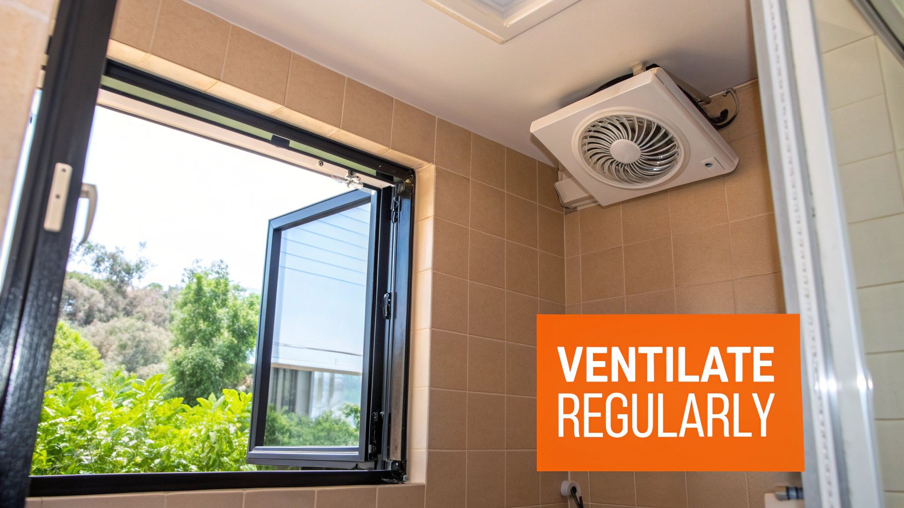 Bathroom window open for ventilation, ceiling exhaust fan, and text overlay "VENTILATE REGULARLY," emphasizing moisture control for mold prevention.