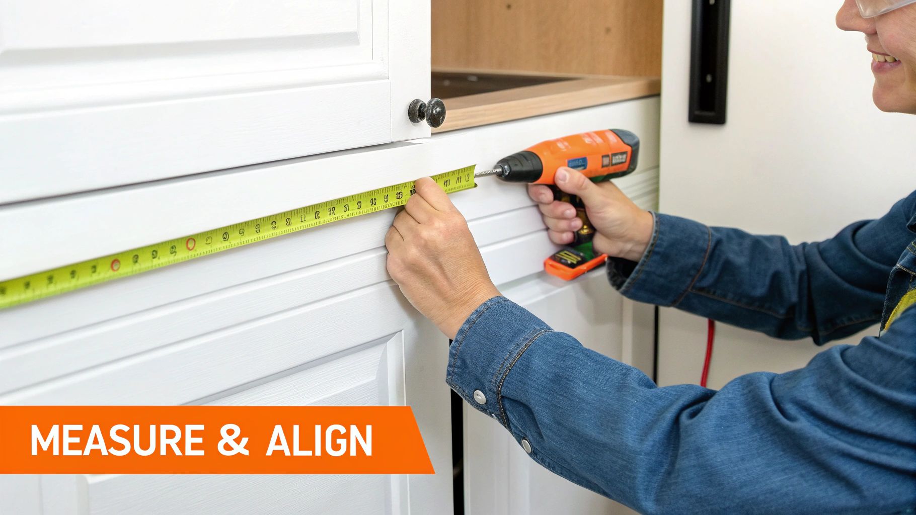 A person uses a tape measure and a drill to install hardware on white kitchen cabinets.