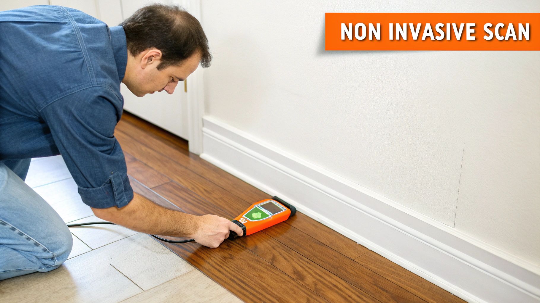 Person using a pinless moisture meter on hardwood flooring in a home setting, demonstrating non-invasive scanning techniques for moisture detection.