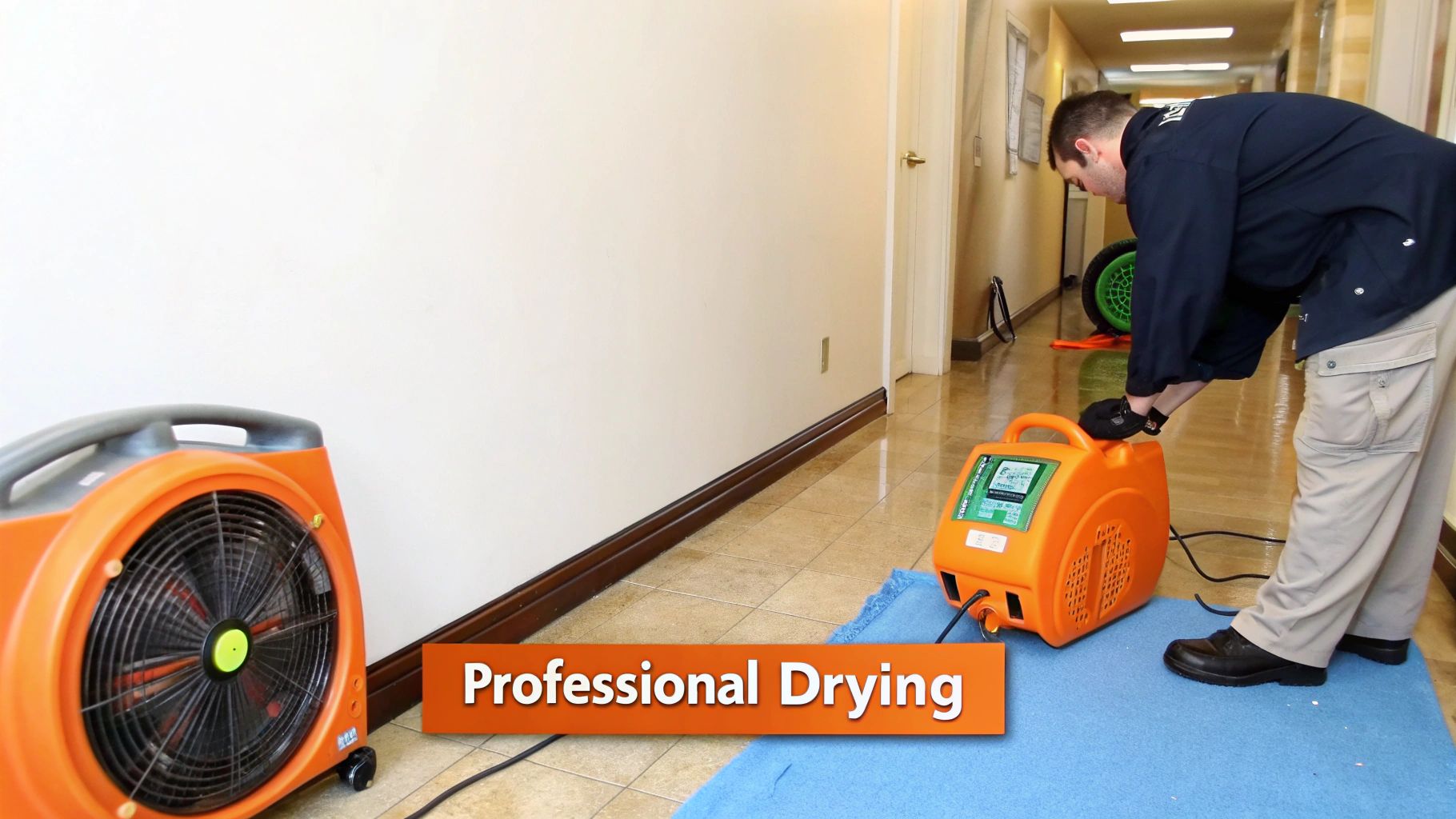 Professional water damage restoration technician using industrial drying equipment in flooded hallway