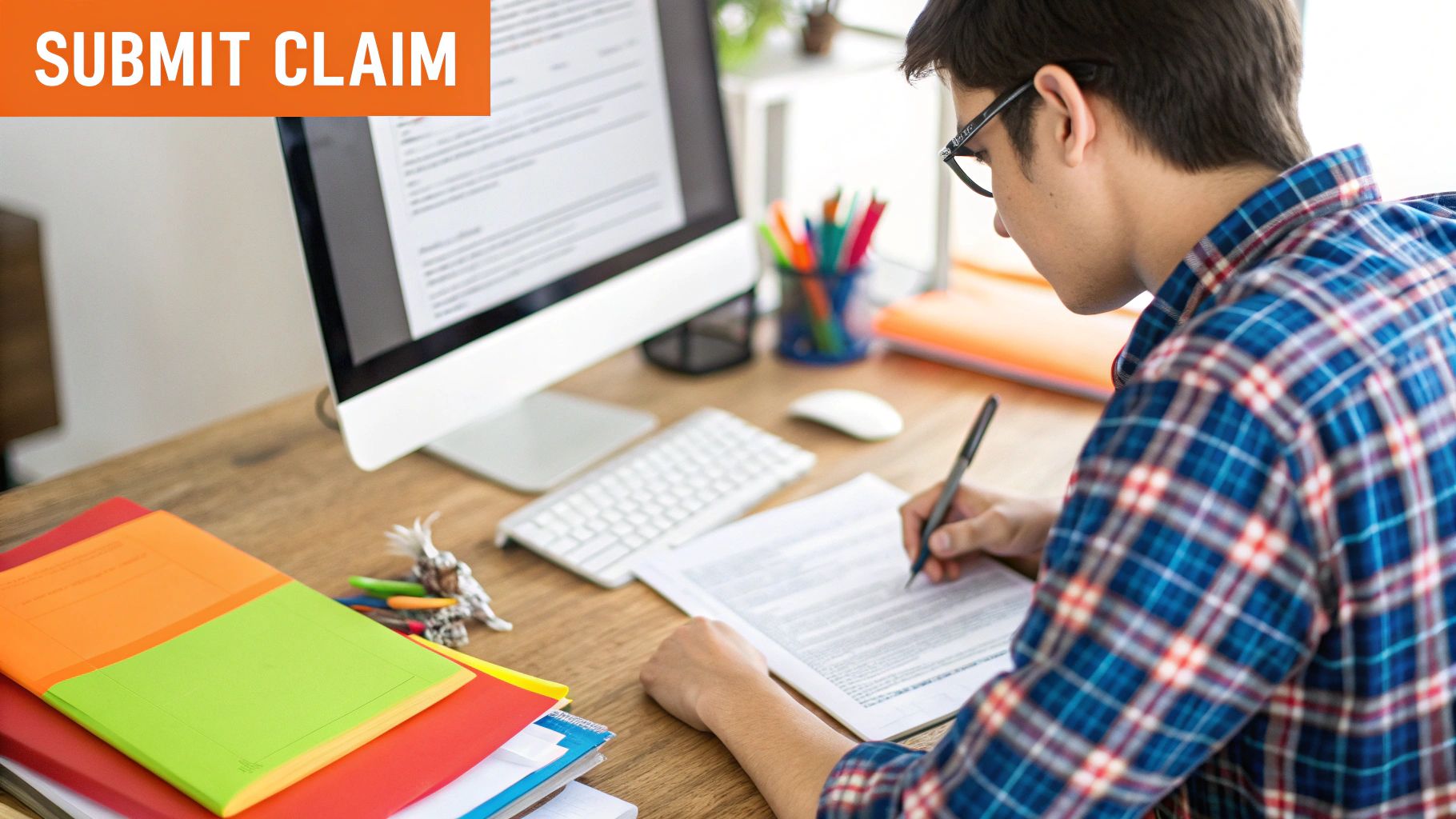 Person filling out home insurance claim paperwork at a desk with colorful folders and a computer screen displaying a claim form.