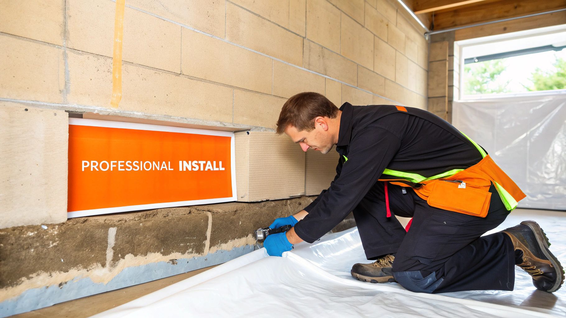Professional contractor installing moisture barrier insulation on crawl space foundation wall during construction project