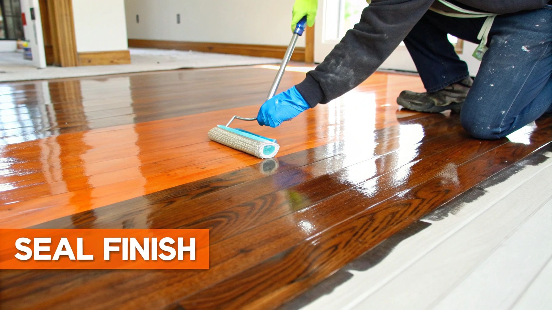 Person applying seal finish with a roller on hardwood floor, showcasing liquid-smooth sheen and protection, emphasizing the refinishing process.