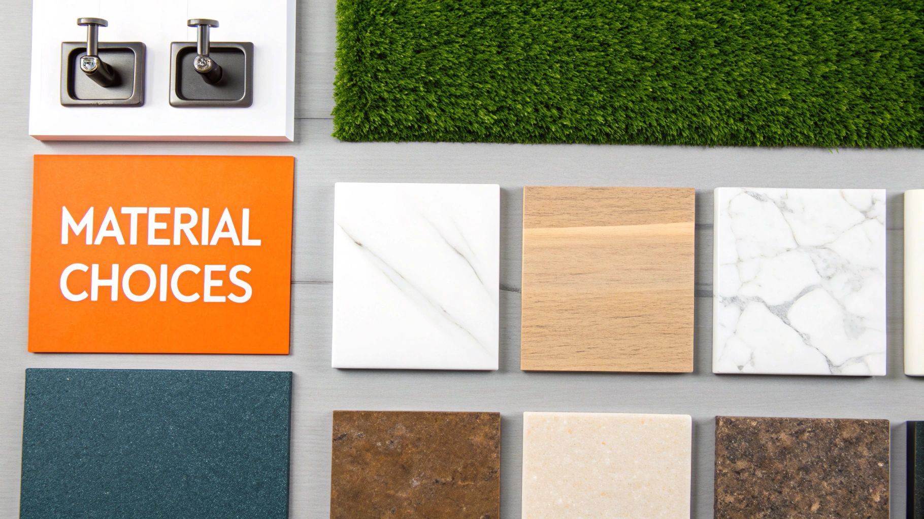 A close-up of high-end shower materials including marble tiles and brushed brass fixtures.