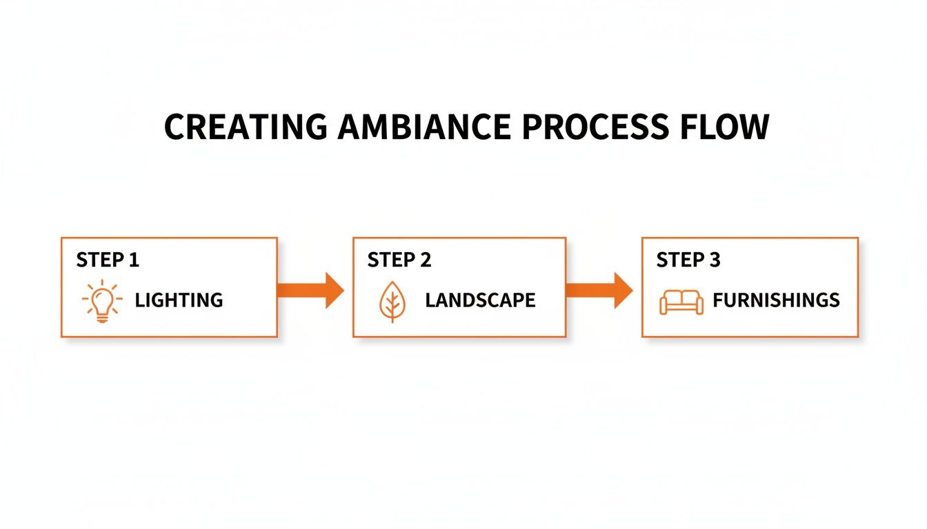 Process flow for creating ambiance, outlining three steps: lighting, landscape, and furnishings.