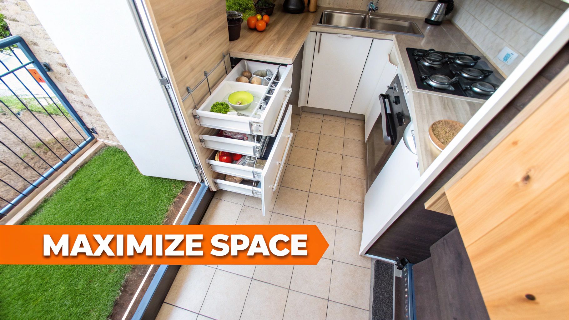A small kitchen featuring clever storage solutions like vertical cabinets and smart layout design.