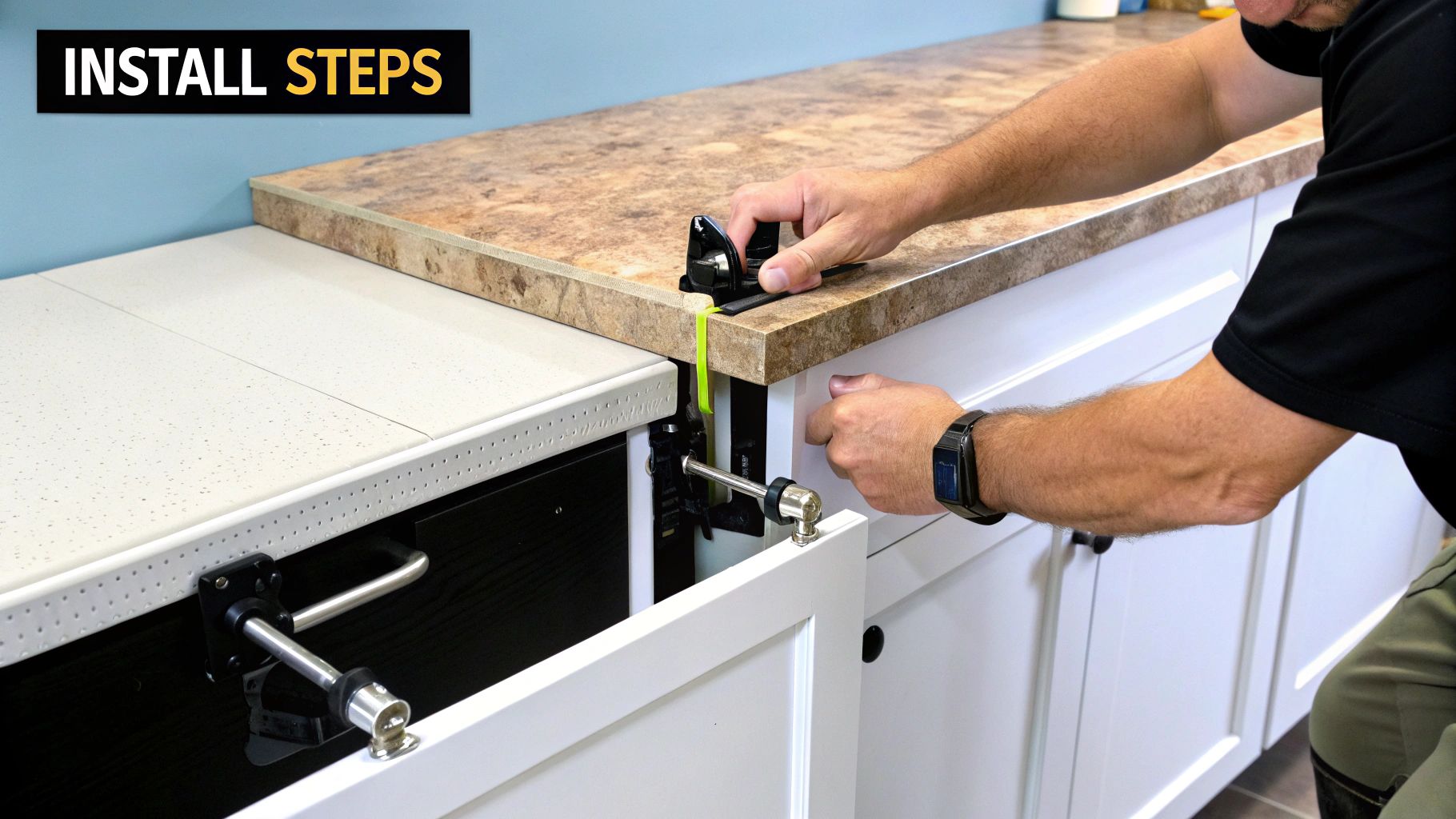 Person measuring the edge of a countertop during kitchen island installation, with a focus on precision and alignment, showcasing a brown laminate surface and white cabinetry.