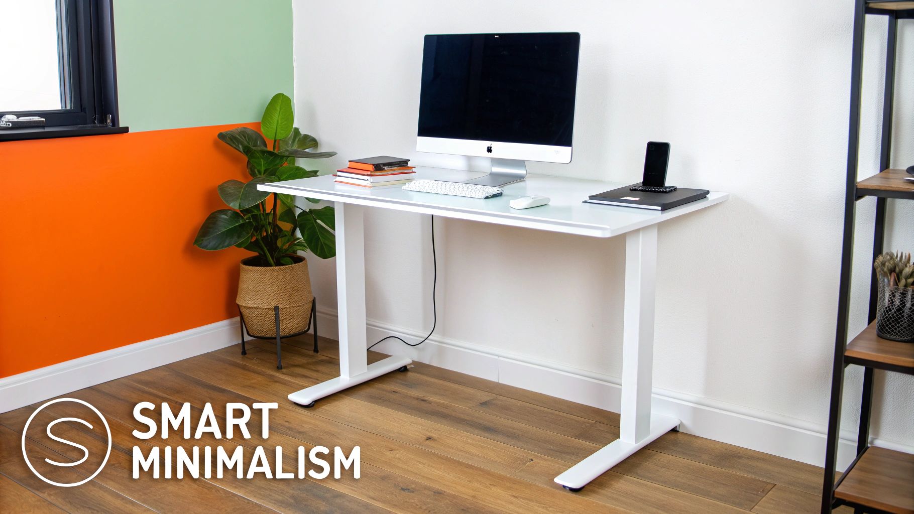 Minimalist tech-integrated workspace featuring a sleek white desk, modern iMac, and organized accessories, emphasizing clean lines and productivity in luxury home office design.