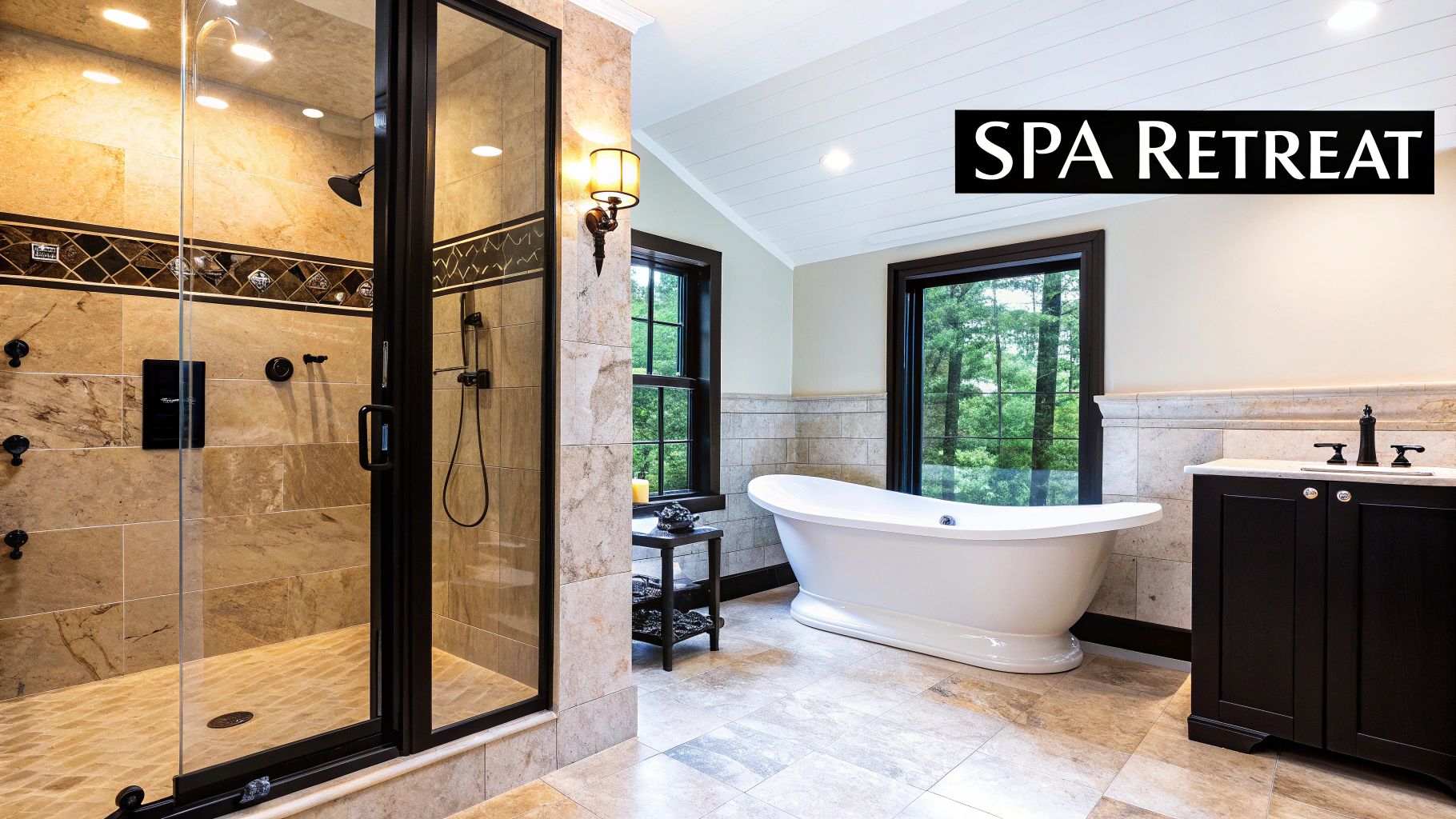 A luxurious, spa-like master bathroom with a large soaking tub, walk-in shower, and double vanity.