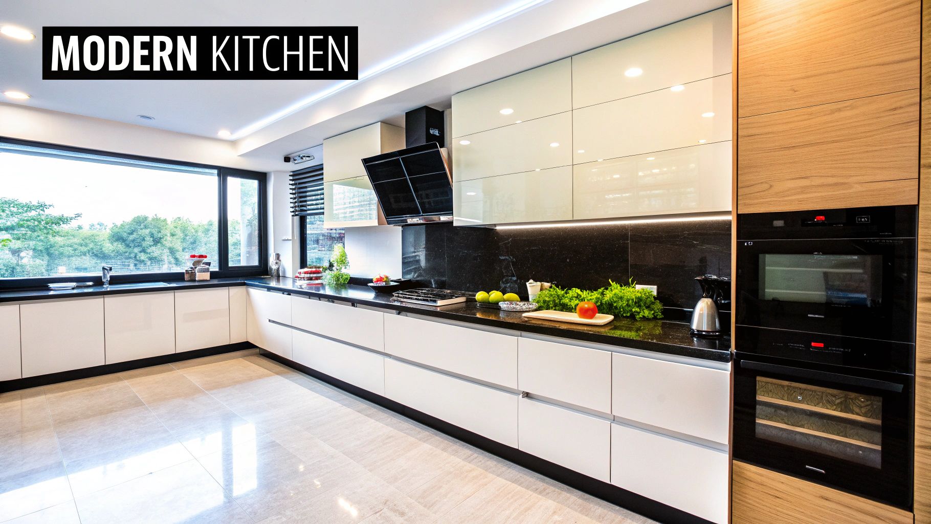 Modern kitchen with sleek cabinetry, black countertops, stainless steel appliances, and fresh ingredients on the counter, emphasizing high-impact renovations for property value in Orange County.