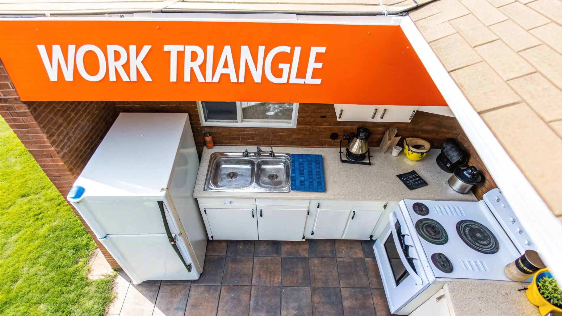 Kitchen layout featuring essential elements of the work triangle: refrigerator, sink, and stove, with "WORK TRIANGLE" sign above, emphasizing functional design for efficient remodeling.
