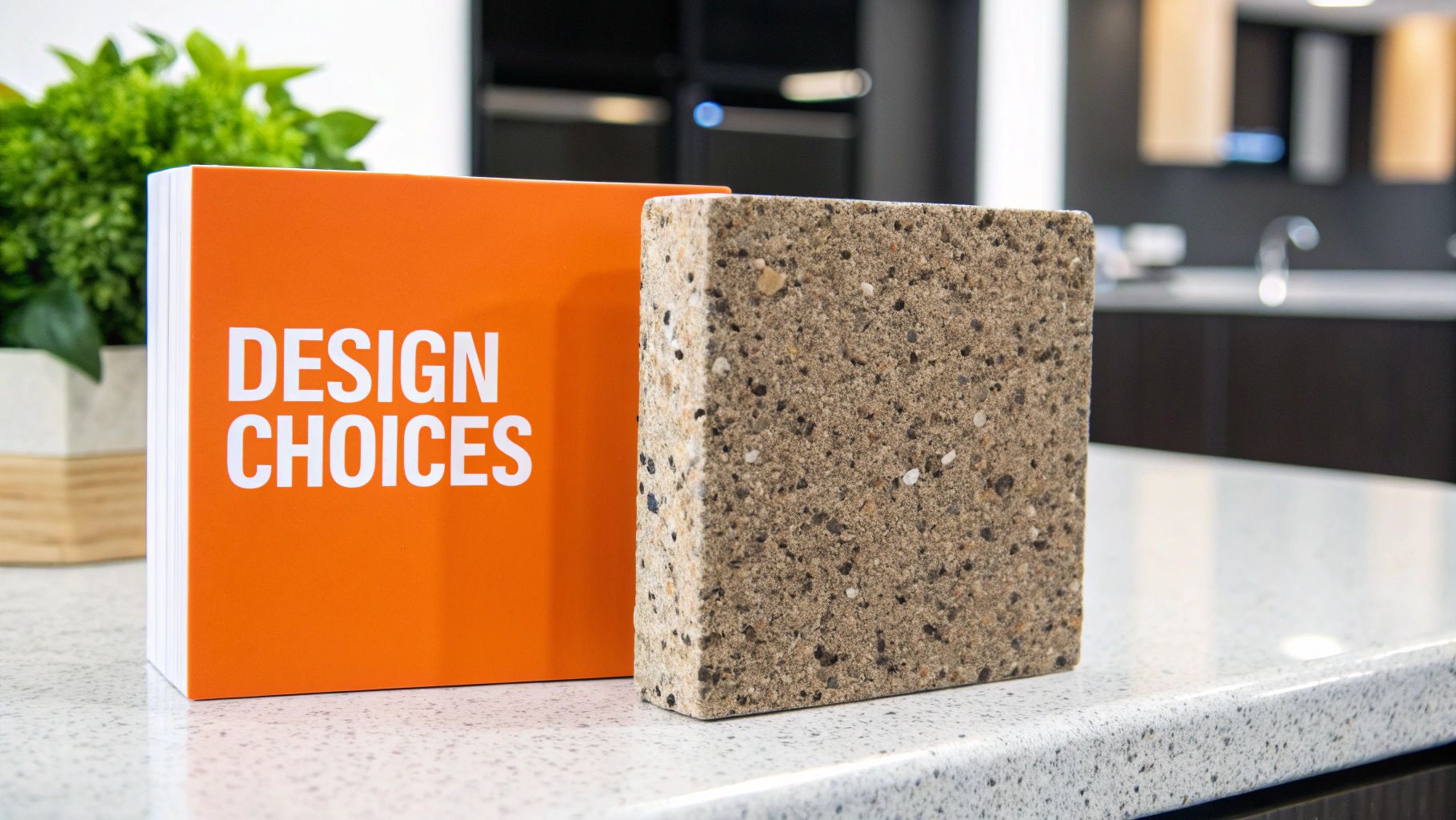 Design Choices book with orange cover and stone sample on kitchen countertop, highlighting material selection for kitchen renovation.