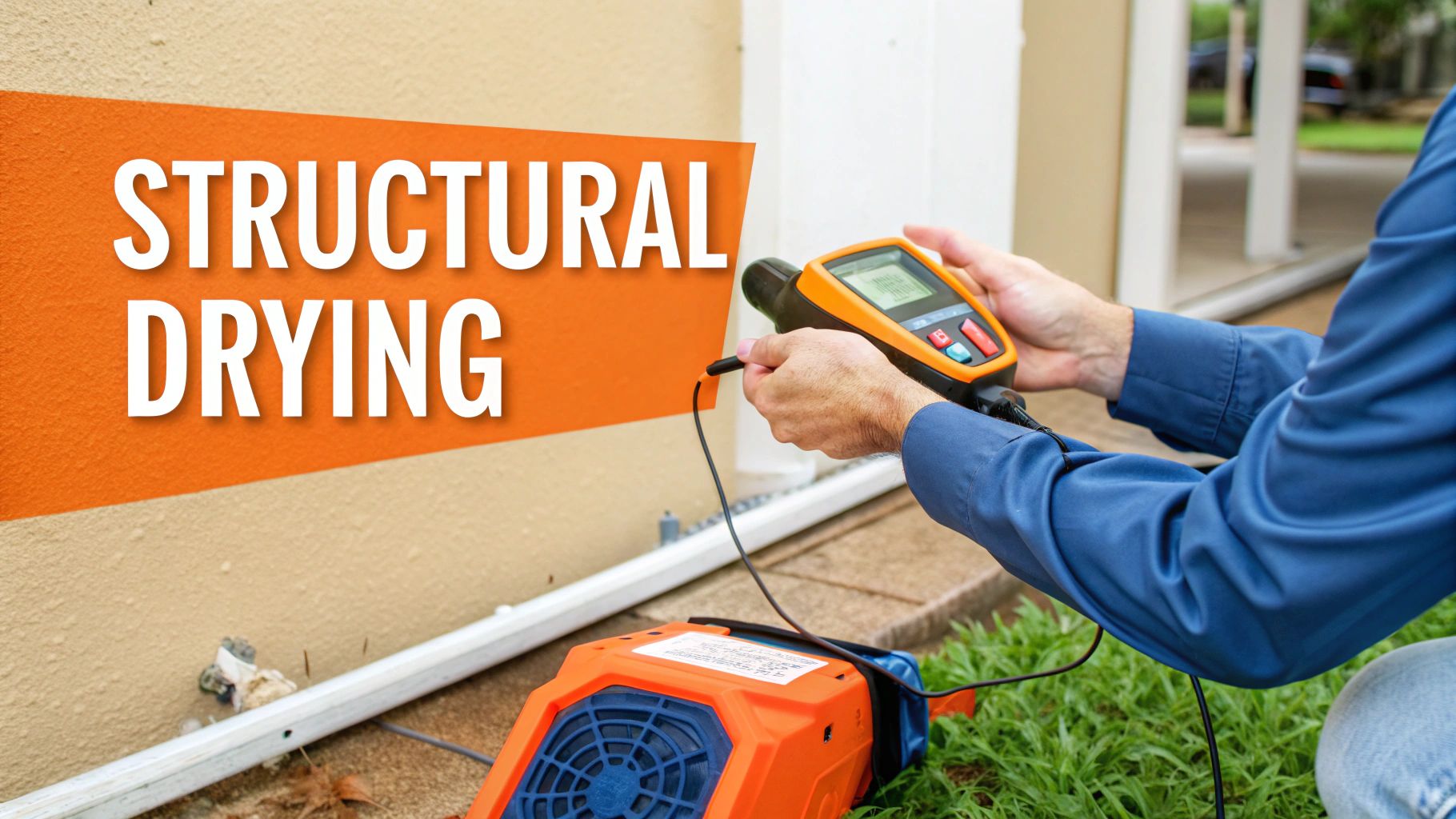 Professional technician using moisture meter and air mover for structural drying water damage restoration