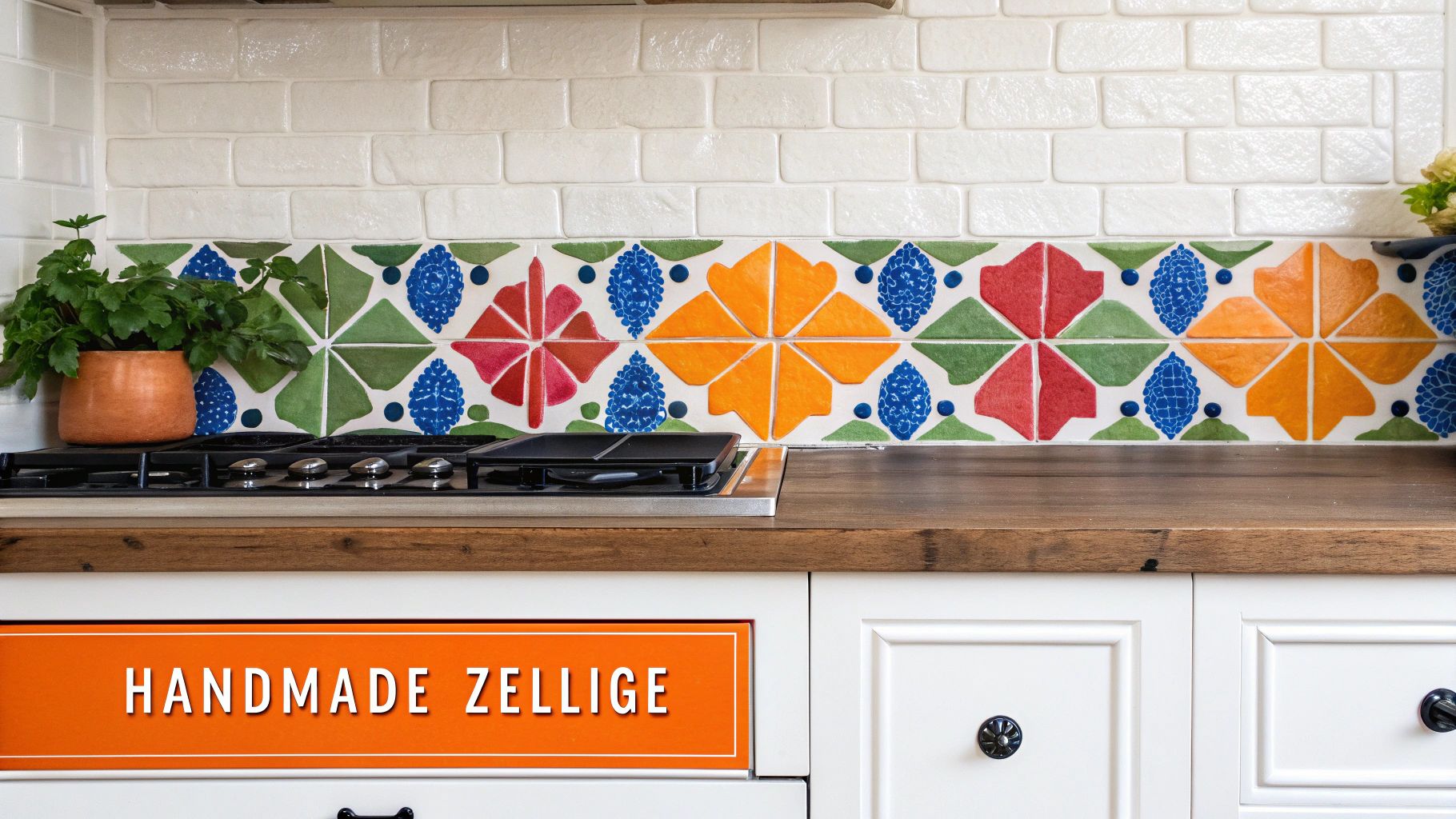 A modern kitchen with a wooden countertop, gas stove, and a decorative backsplash of white and colorful patterned tiles.