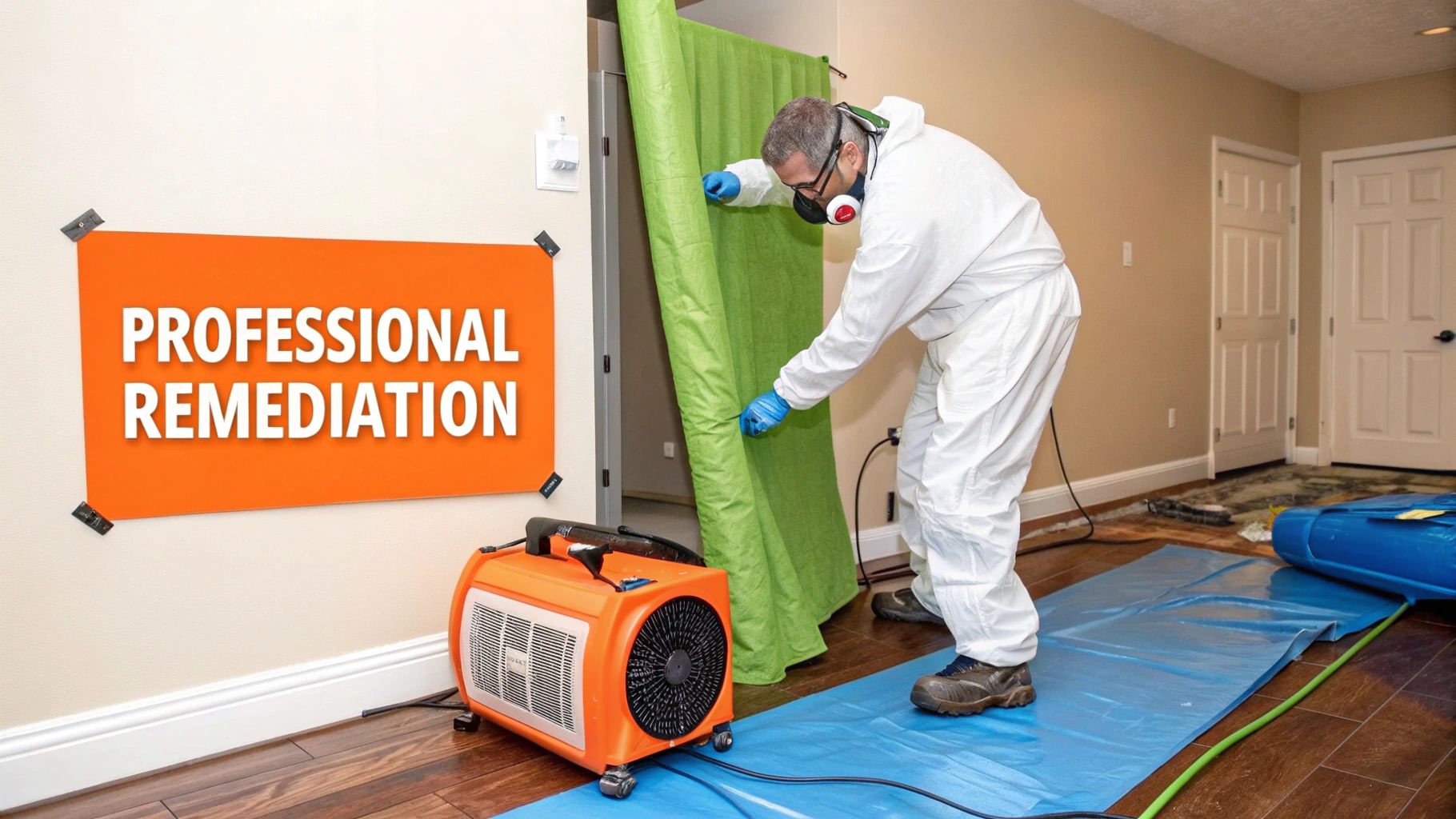 A professional in a white hazmat suit, mask, and goggles sets up a green containment barrier for remediation.
