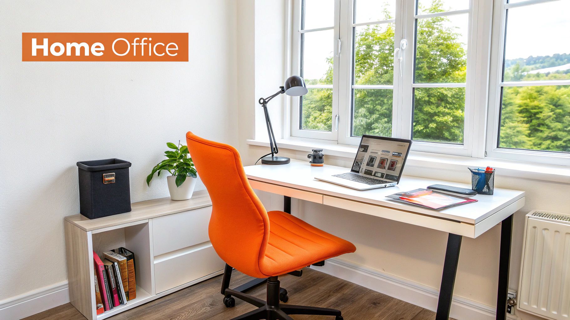 Home office setup featuring an orange ergonomic chair, modern desk with laptop, decorative plant, and organized storage, illustrating functional workspace design for remote work productivity.