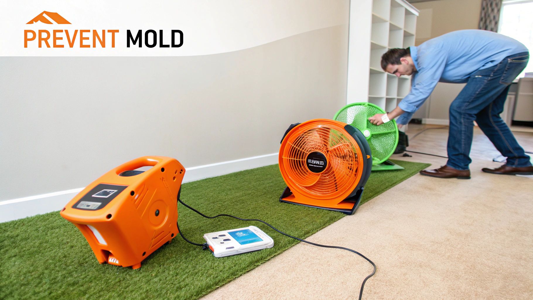 A man uses fans and specialized drying equipment on artificial turf and carpet to prevent mold.