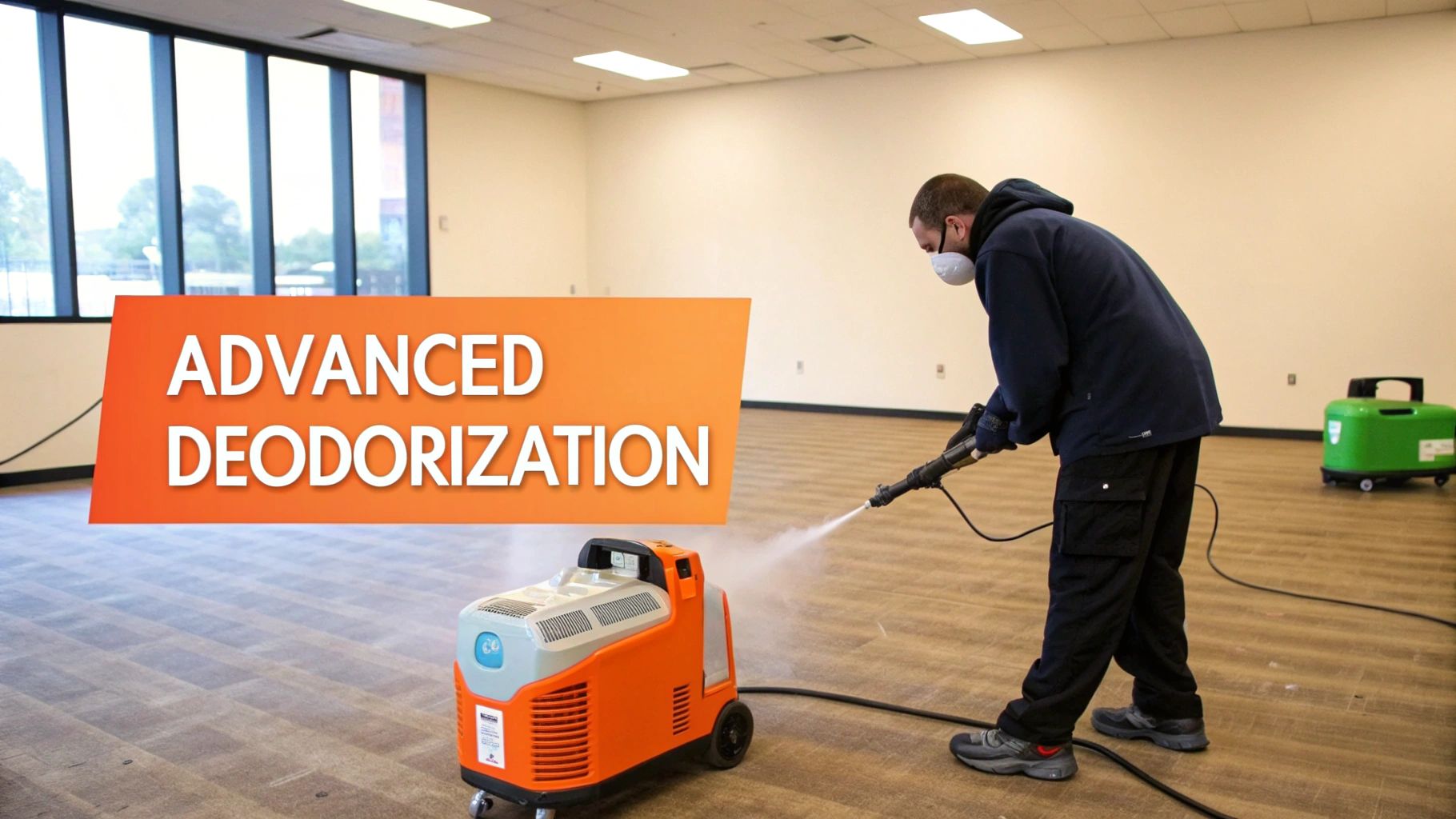 A worker in a mask uses an advanced deodorization machine to clean a floor in a large room.