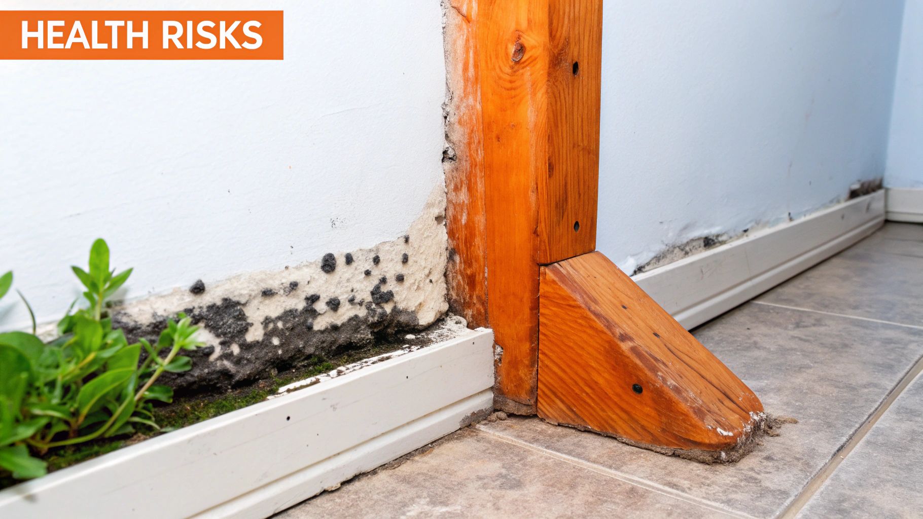 Extensive black mold and plant growth on a damp wall, indicating severe water damage and health risks.