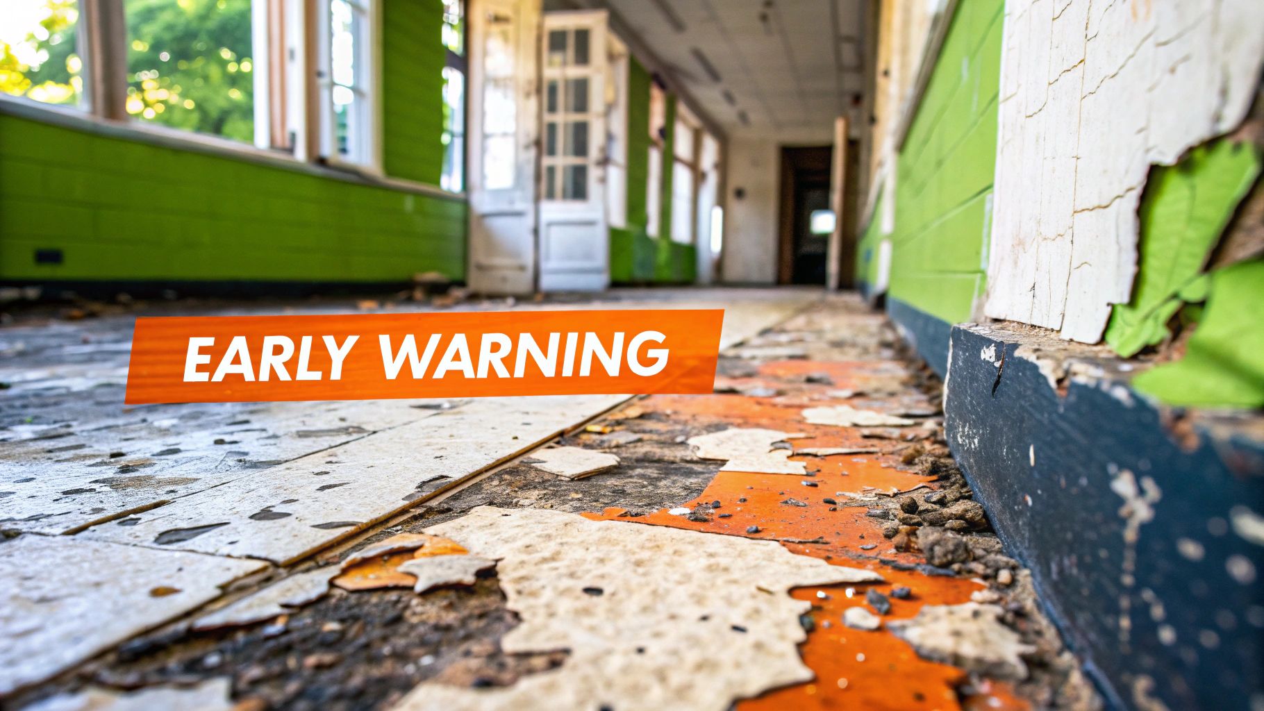 Interior view of a damaged floor with peeling paint and debris, featuring the text "EARLY WARNING," illustrating signs of potential water damage in a home environment.