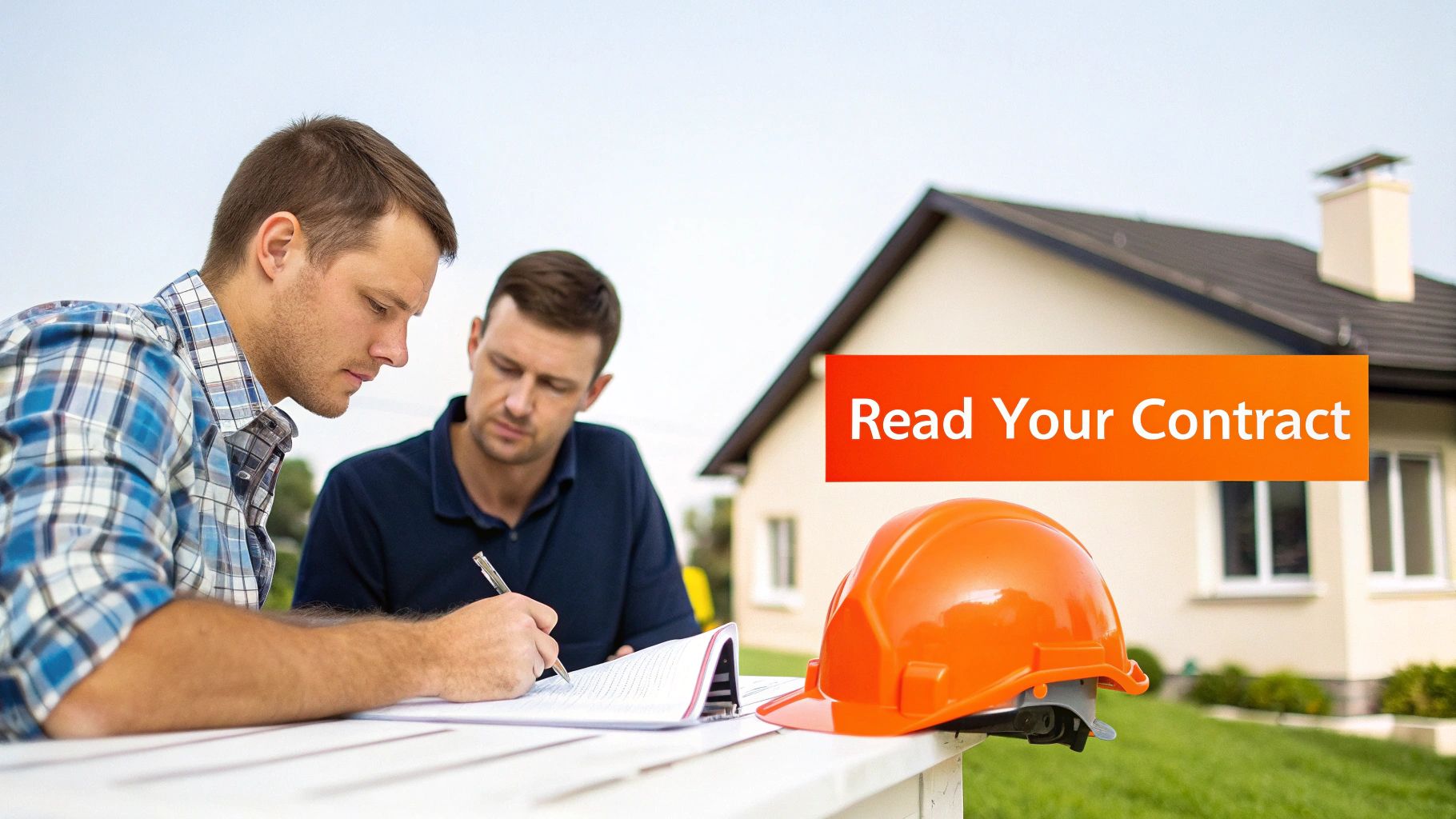 Two men review a contract with an orange hard hat on a table, a house in the background.