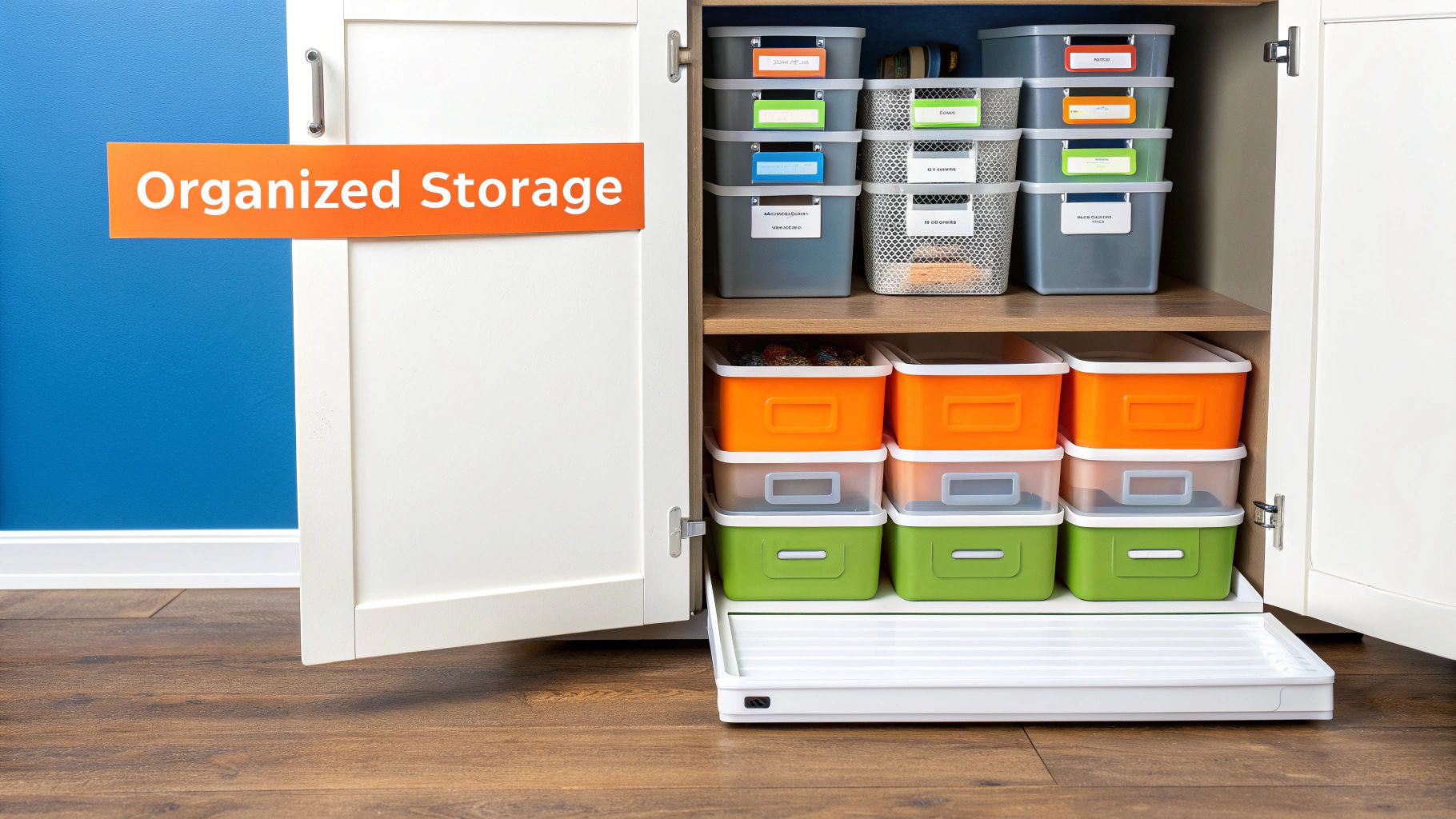 Organized kitchen storage featuring labeled bins in various colors, emphasizing efficient space utilization and functional design for streamlined organization.