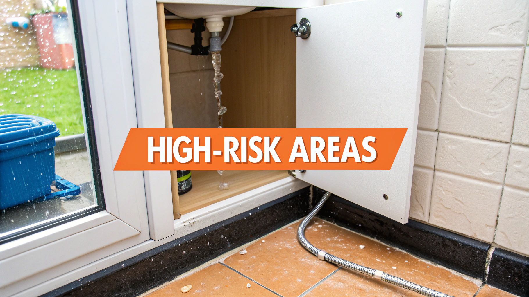 Image of a leaking water pipe under a sink, highlighting high-risk areas for mold growth, with water pooling on the floor.