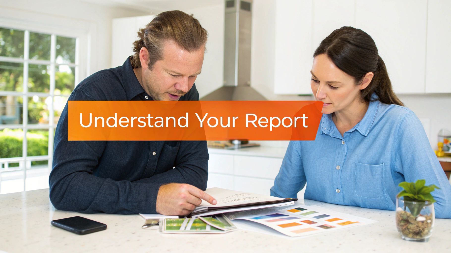 Couple reviewing a home report and color samples on a kitchen counter, with an 'Understand Your Report' overlay.