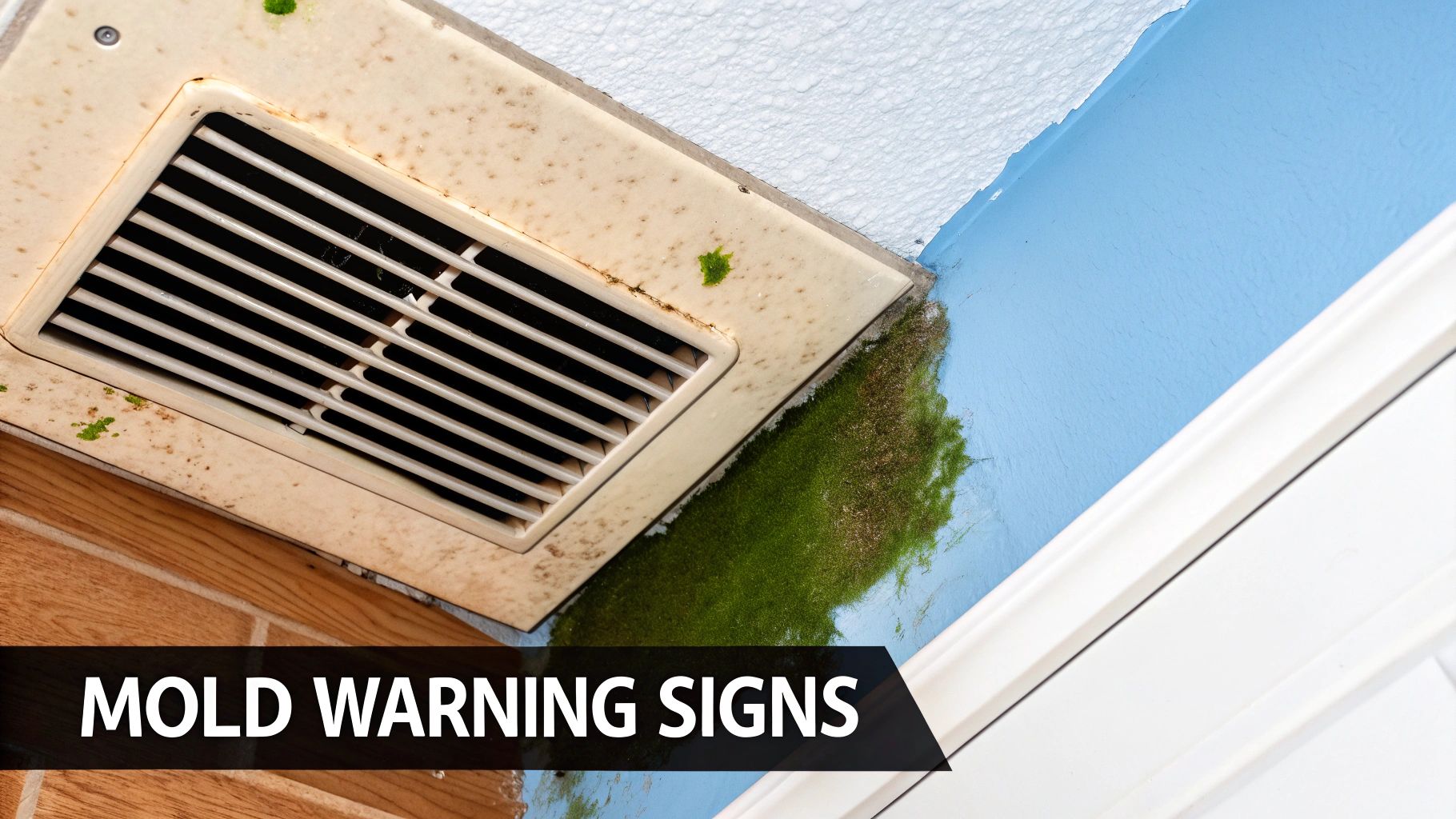 Mold warning signs on HVAC vent with visible mold growth on the wall, highlighting potential moisture issues and health risks associated with hidden mold in homes.