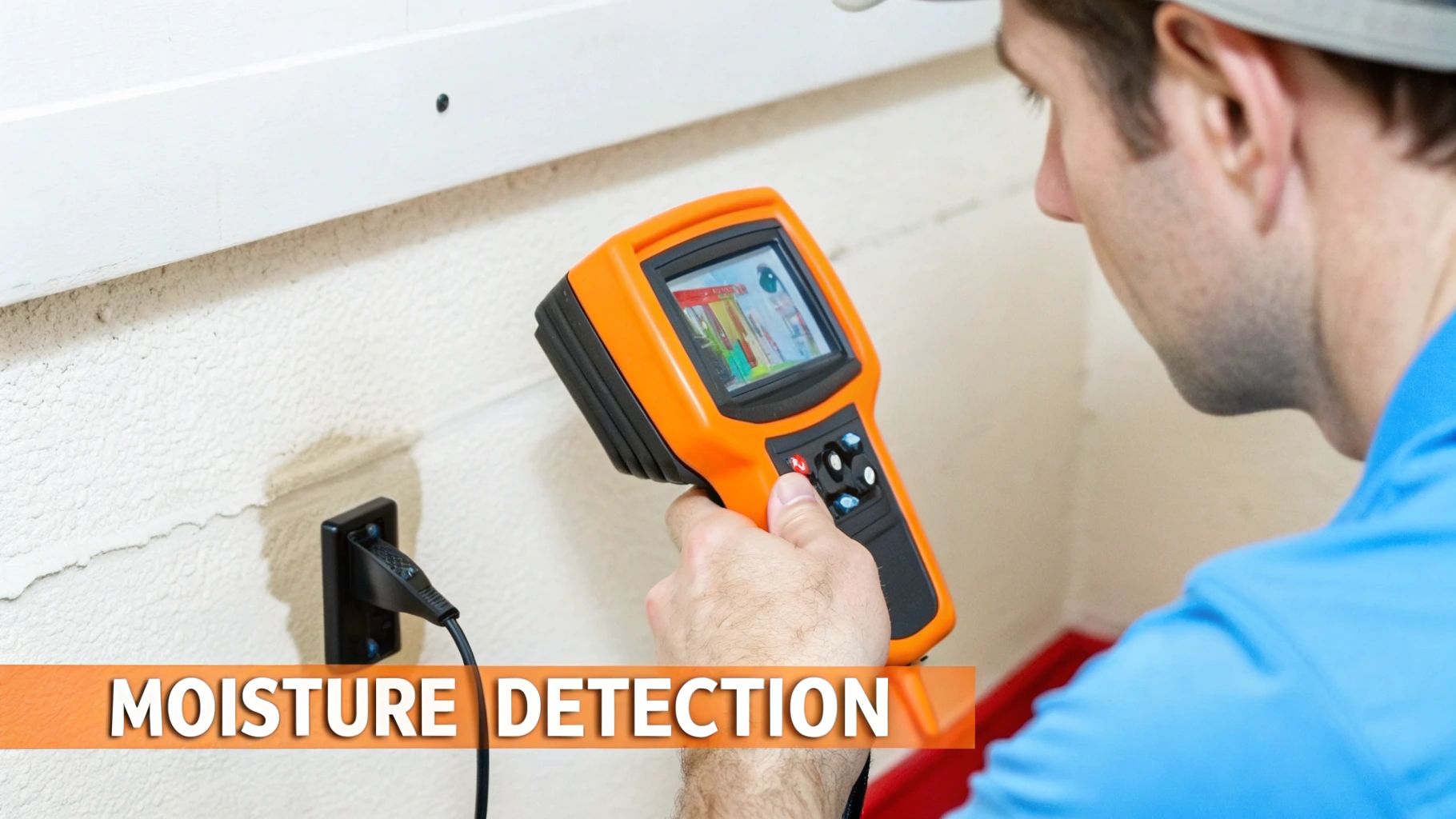 A technician uses a thermal camera to detect moisture or water leaks in a white wall.