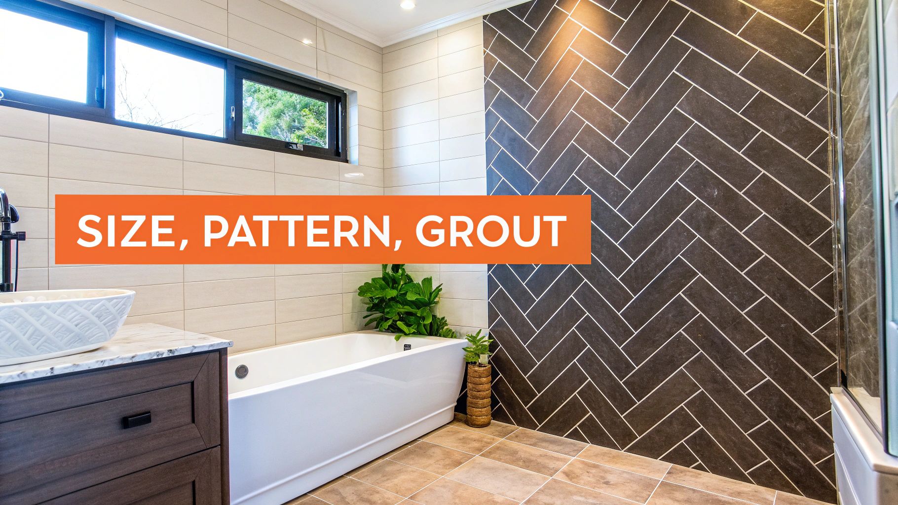 Modern bathroom interior featuring a white bathtub, dark herringbone tile wall, and light-colored wall tiles, with text overlay highlighting "SIZE, PATTERN, GROUT" to emphasize design choices in bathroom remodeling.