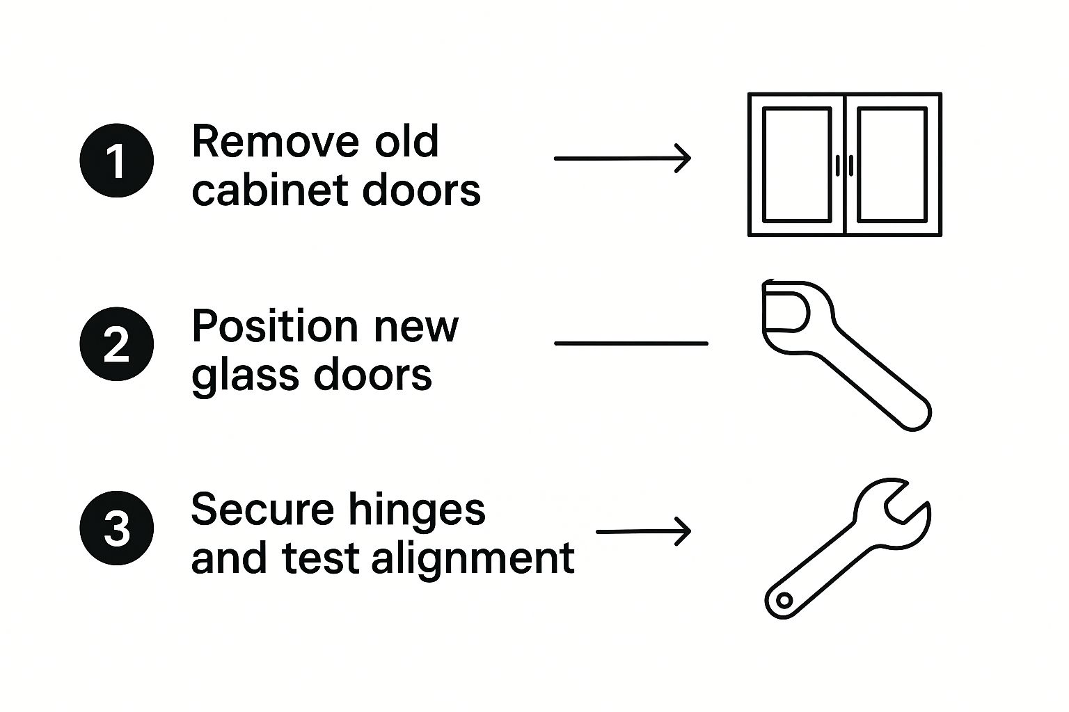 Visual guide illustrating steps to replace kitchen cabinet doors: remove old doors, position new glass doors, secure hinges, and test alignment.