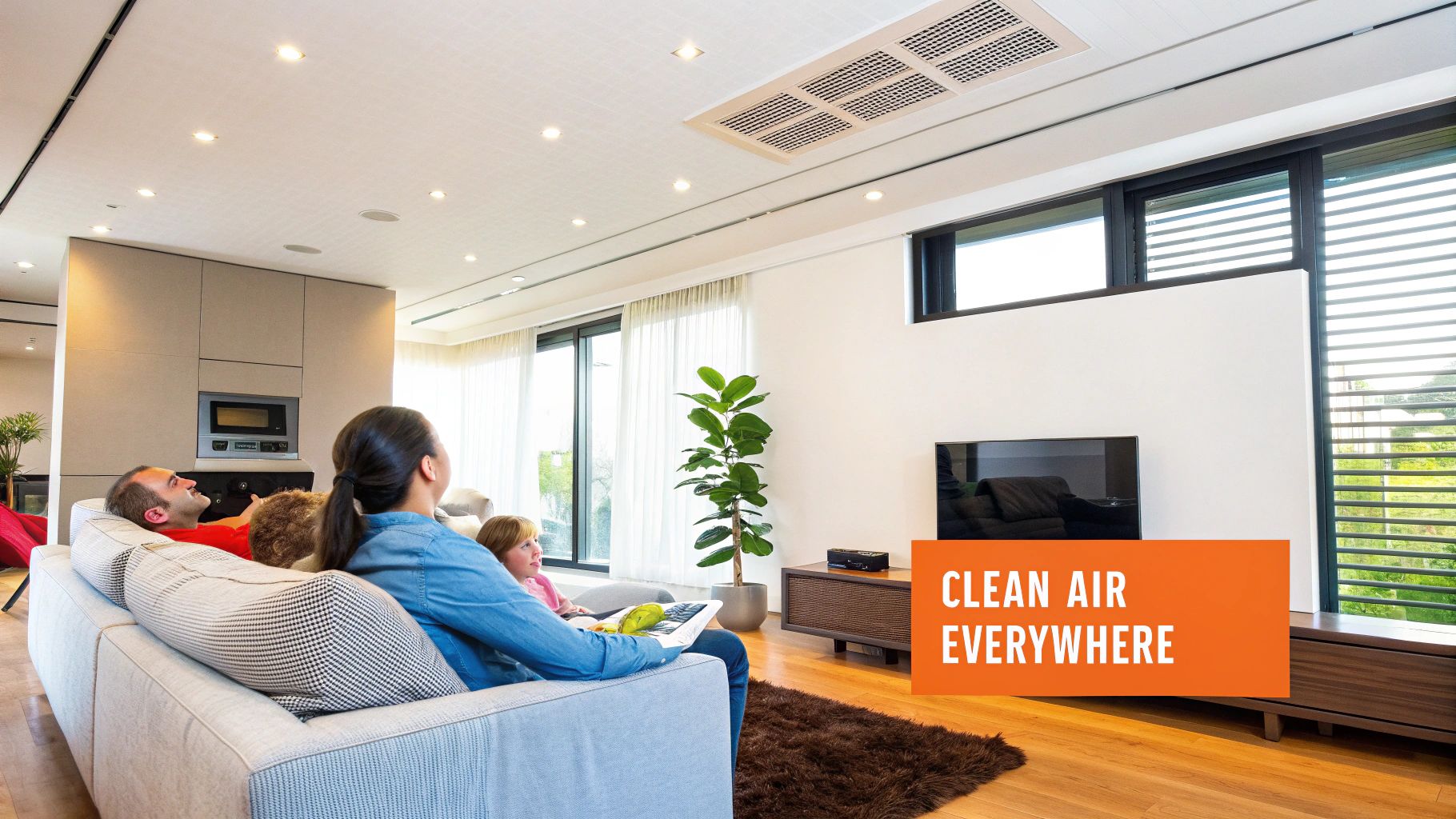 Family enjoying clean air in modern living room with air purification system, featuring text "CLEAN AIR EVERYWHERE" and large windows for natural light.