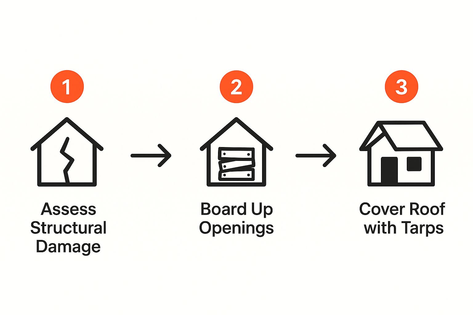 Image illustrating three steps in fire damage restoration: assessing structural damage, boarding up openings, and covering the roof with tarps, emphasizing safety and stabilization for homeowners recovering from fire incidents.