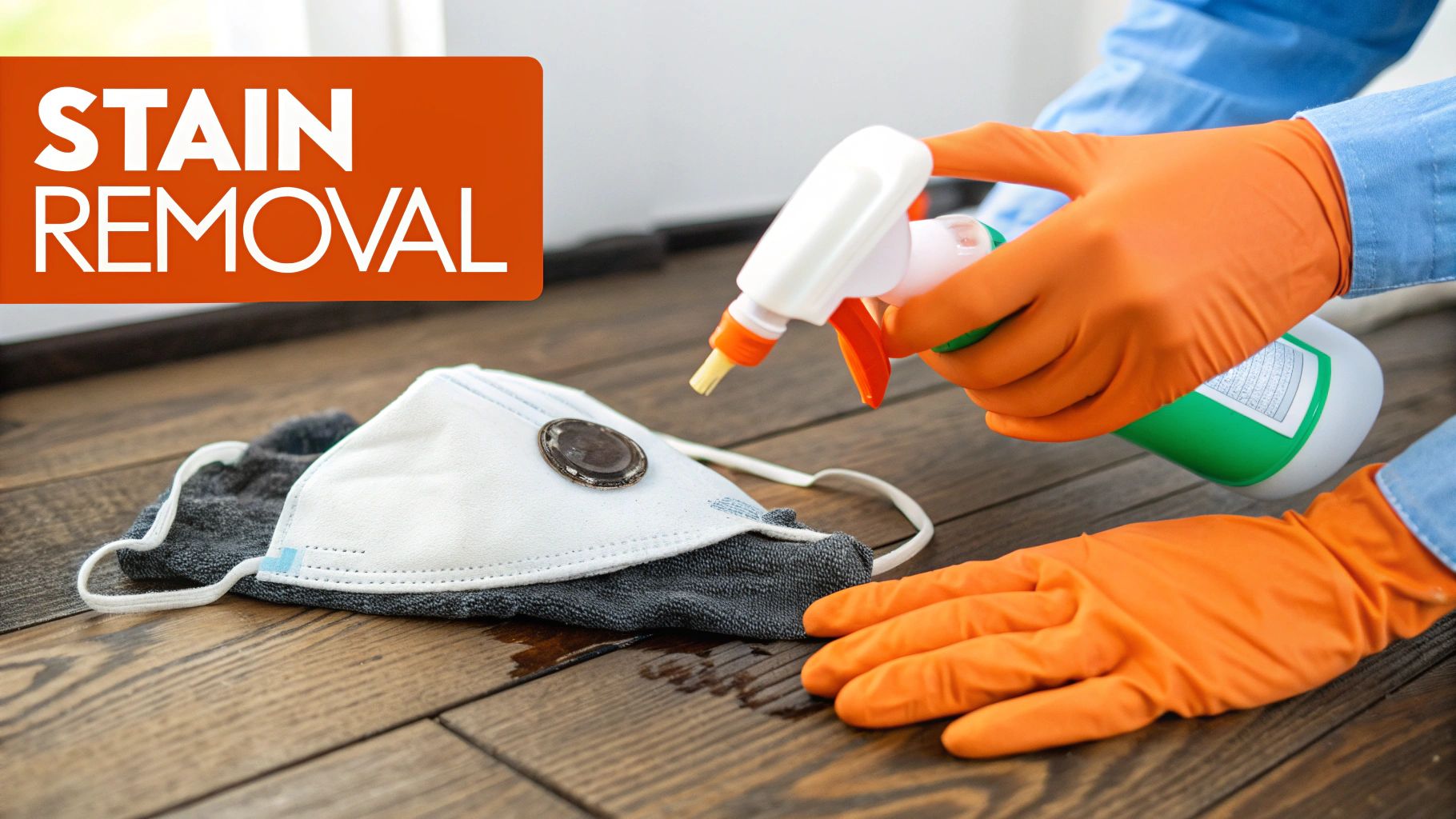 Person in orange gloves spraying a cleaning solution on a wooden floor with a face mask, illustrating stain removal.