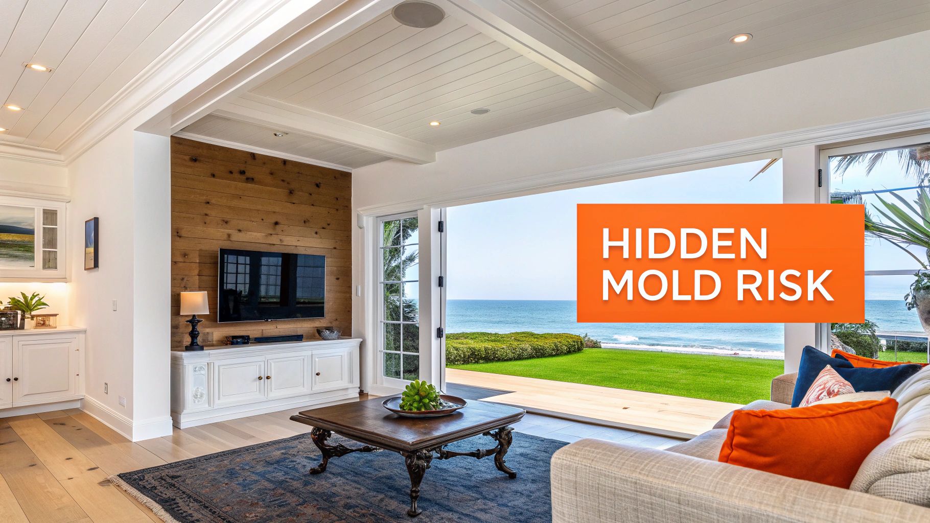 A luxurious oceanfront living room with a prominent 'HIDDEN MOLD RISK' warning overlay.