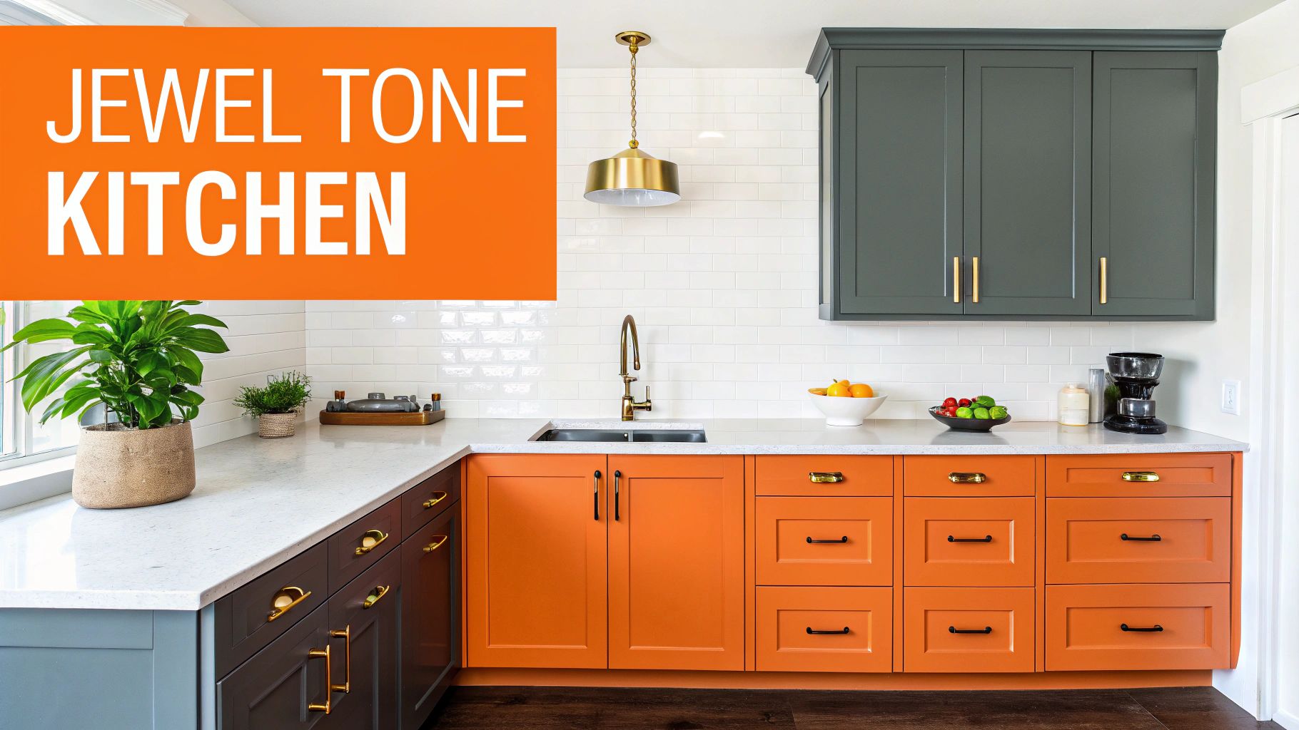 Jewel tone kitchen featuring deep emerald green and orange cabinetry, brass hardware, and a bright countertop with fresh fruit, reflecting high-end design aesthetics.