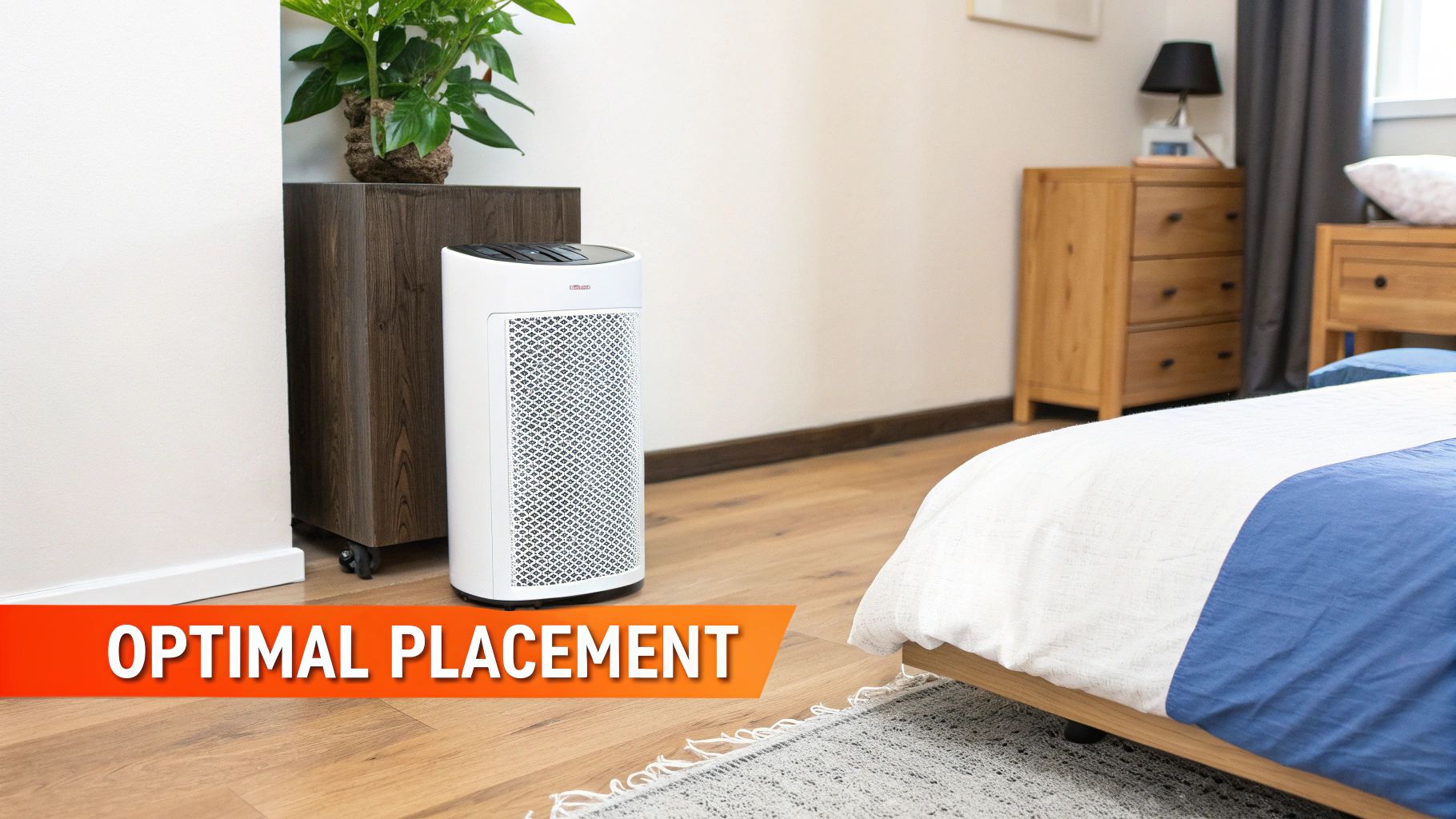 White air purifier placed in bedroom corner near plant stand showing optimal room positioning